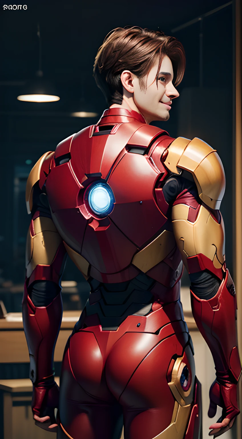 ((Men only)), (cowboy shot), (back view),  (Handsome muscle man in his 20s), (smile), (IRON MAN), (Leon Kennedy), (red hair), (detaile: 1 in 1), Natural muscles, HIG quality, beautidful eyes, (Detailed face and eyes), (Face、: 1 / 2), Noise, Real Photographics、... ..................................................................................................................PSD, Sharp Focus, High resolution 8K, realisitic & Professional Photography, 8K UHD, Soft lighting, High quality, Film grain, FujifilmXT3