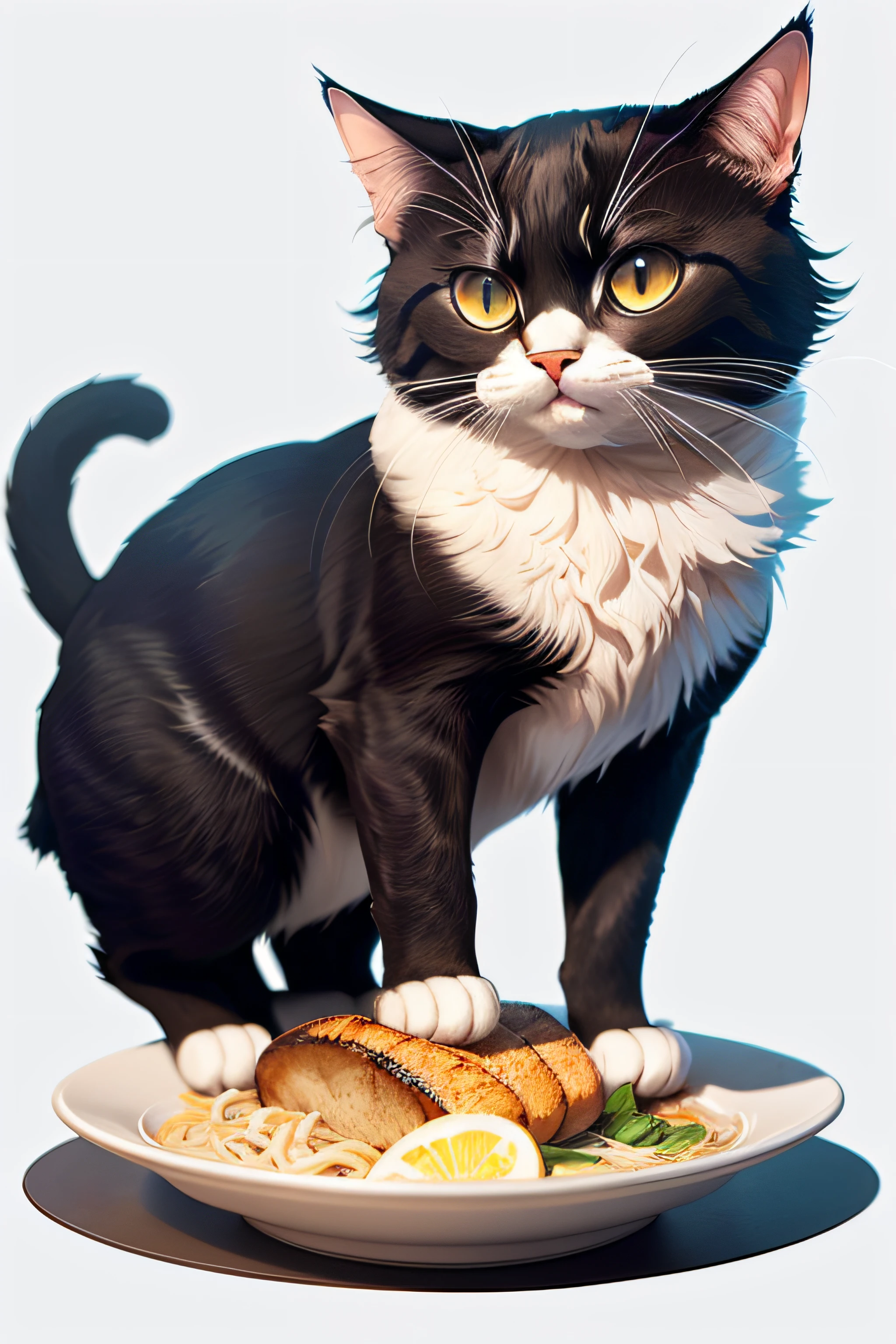 There's a black and white cat standing on a plate of food, realistic illustration, gato de smoking, painting digital adorable, hyperrealistic illustration, ultra realistic illustration, ultrarealistic illustration, Gato. pintura digital, gato anime realista, arte superdetalhada, anthropomorphic cat, photorealistic illustration, anthropomorphic female cat, arte digital detalhada bonito, hyper realistic illustration