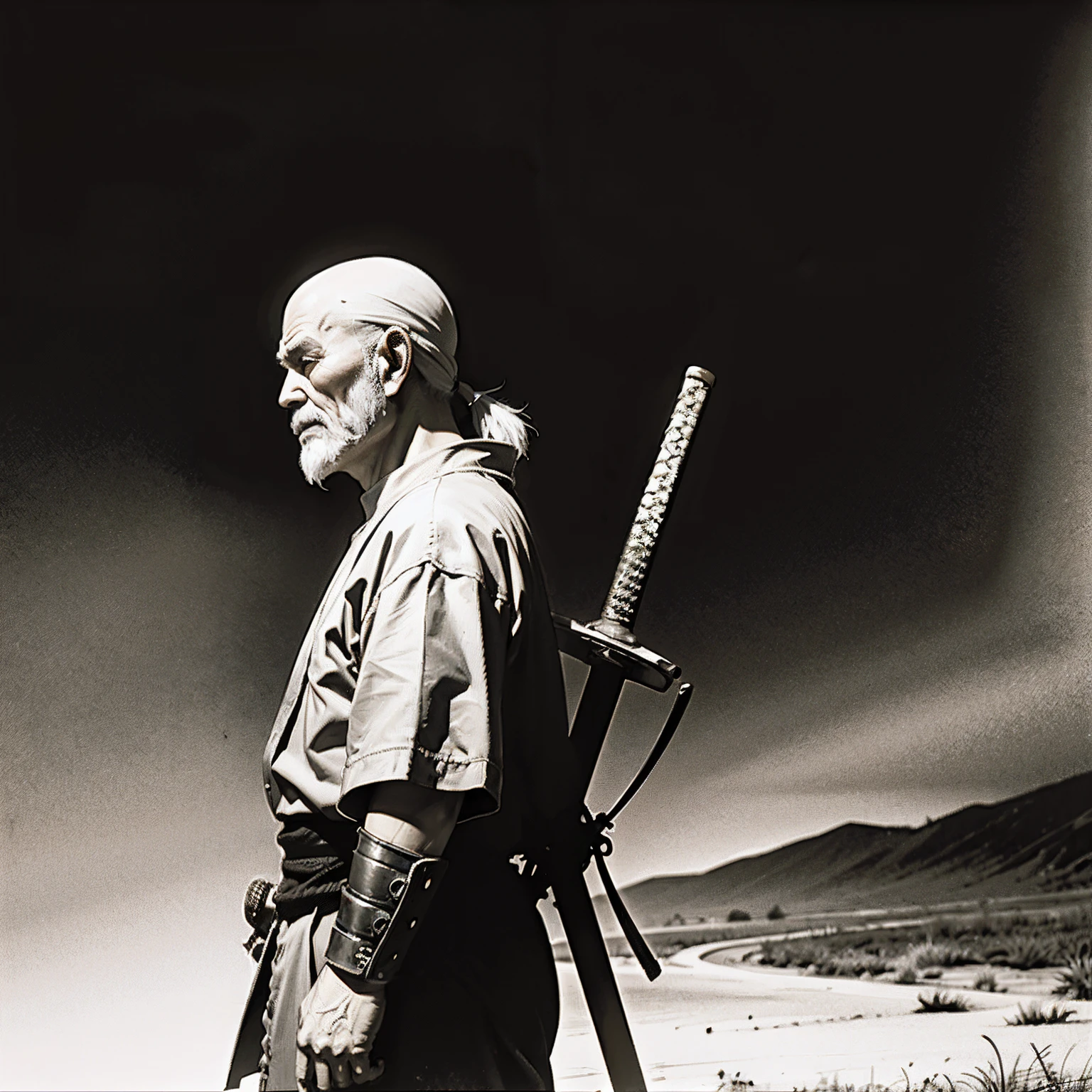 old man, 50-years old, samurai, serious, from side, holding sword, sepia, wasteland