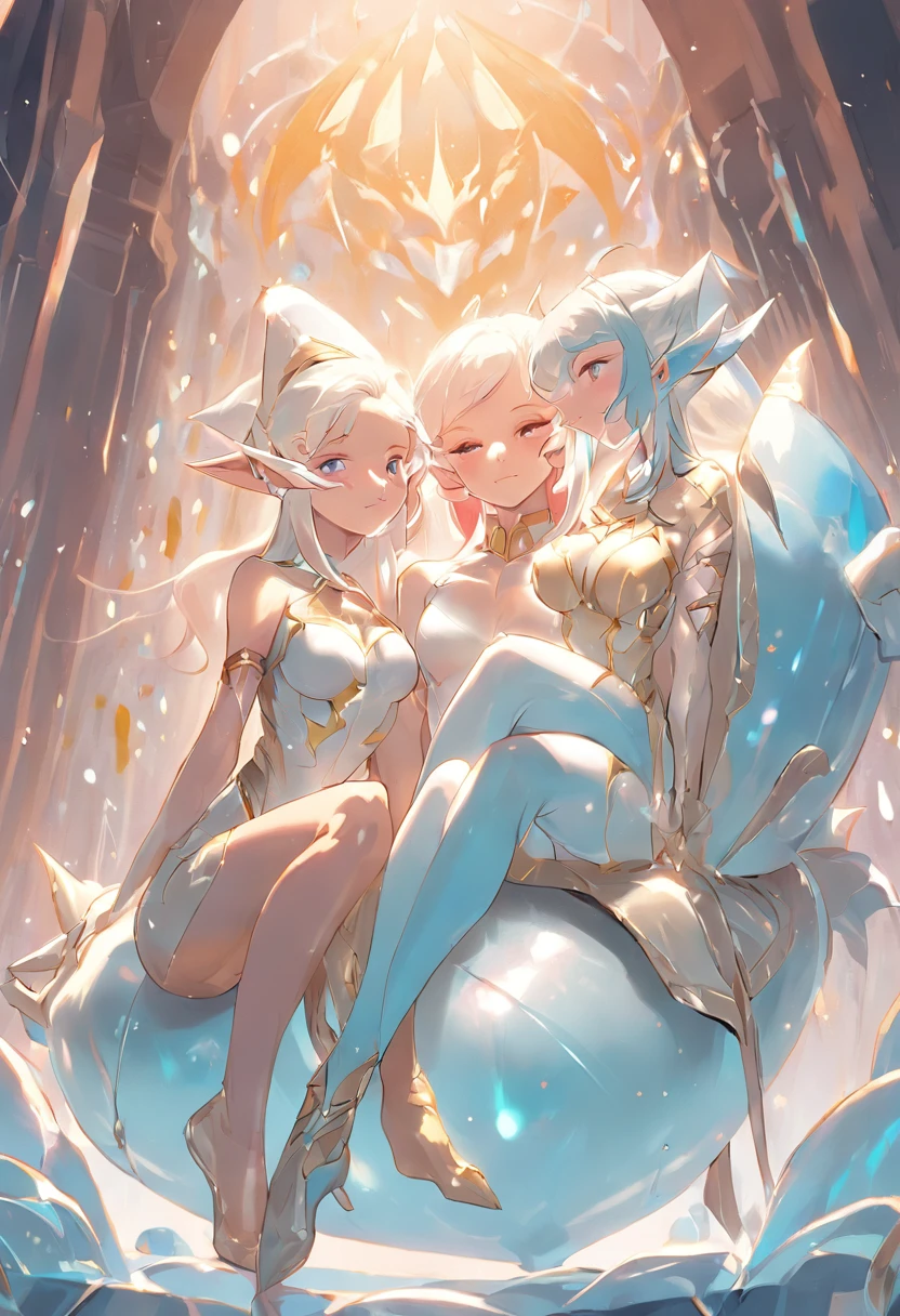 three sexy elf ((bodybuilder)) buxom endomorphic women in white and blue and gold catsuits sitting on a overinflated glossy latex balloon inflatable couch, shiny white skin, white shiny skin, three futuristic princesses, commission for high res, elves, full color illustration, lois van baarle and rossdraws, rossdraws 1. 0, glossy white armor, perfect android girl family, official fanart, rossdraws pastel vibrant, epic full color illustration, lips blowing massive bubblegum bubbles from their lips