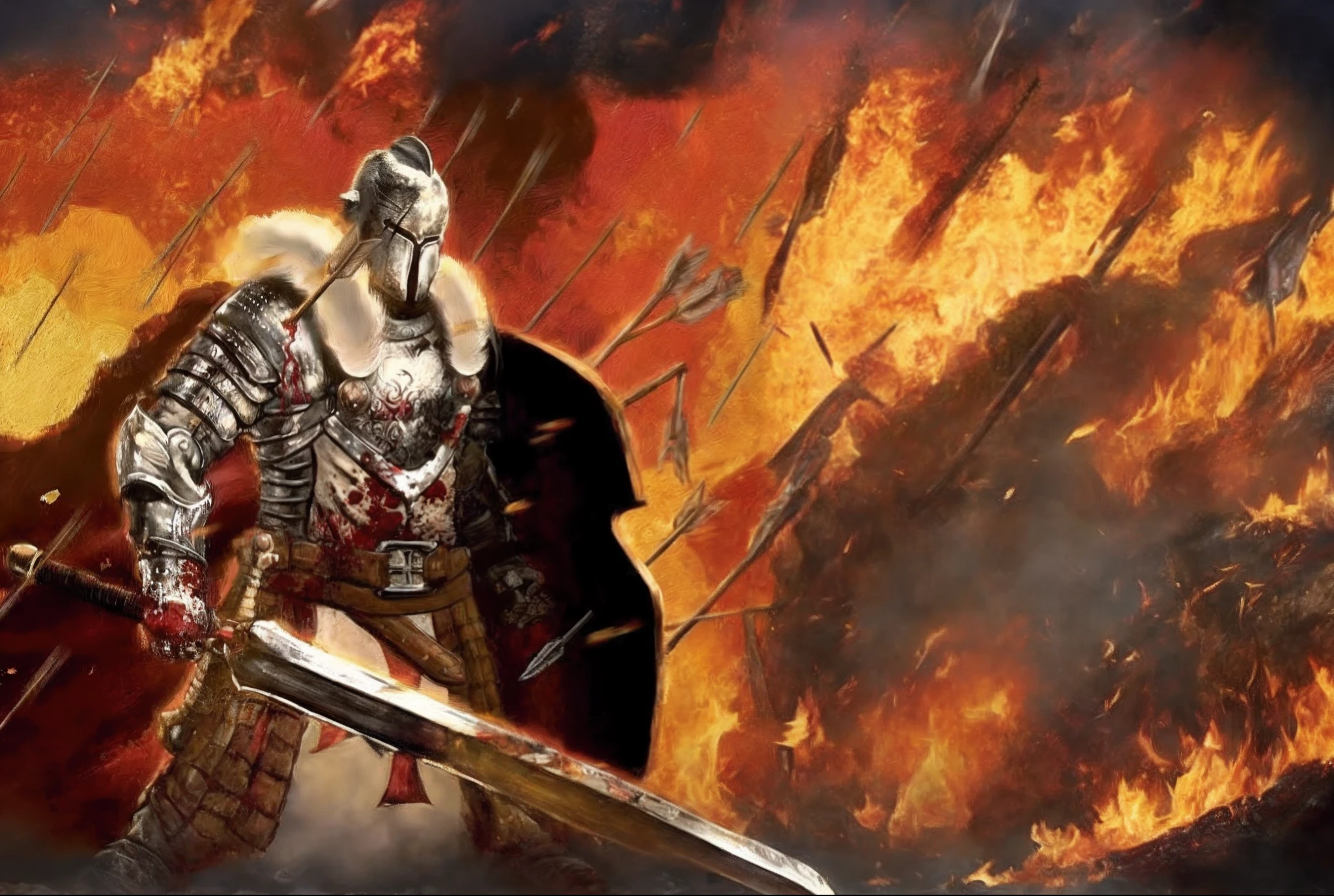 Close-up of a man holding a sword in front of a fire, guildwar artwork, ares with heavy armor and sword, wielding a flaming sword, dark souls art, Burning battlefield background, holy crusader medieval knight, templar, holy crusader medieval, painting of a knight, dark souls style, Hellfire background, the dark souls knight, warlord, epic battle scene