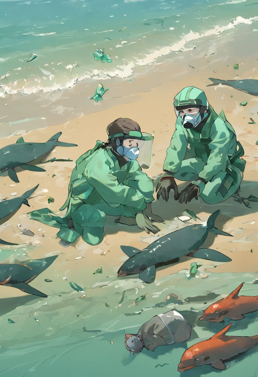 Polluted seawater,Dead fish floating in green water
Turtles lie dying on a beach full of garbage
Fishermen wearing protective masks protest by the sea
Scientists in protective suits take seawater samples to test for radioactivity
Dolphins and whales stranded on the beach struggle in pain
The feathers of seabirds fall off,Can't fly
The fish in the sea are swollen and deformed,Tumor overgrowth
Seaweed withers,Coral bleaching
Children wearing protective masks playing on contaminated beach
Mother in protective suit holding sick child crying
Abandoned nuclear power plants stand by the sea
Angry crowds held placards protesting the discharge of nuclear wastewater