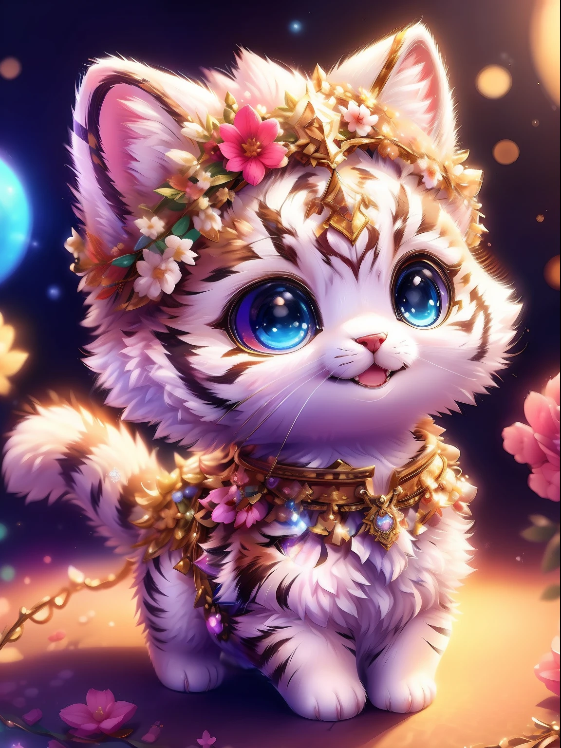 cute tiny hyperrealistic white tiger with different color eyes waring a necklace, Chibi, adorable and fluffy, logo design, cartoon, cinematic lighting effect, charming, 3D vector art, cute and quirky, fantasy art, bokeh, hand-drawn, digital painting, soft lighting, isometric style, 4K resolution, photorealistic rendering, highly detailed clean, vector image, photorealistic masterpiece, professional photography, simple space backdrop, flat white background, isometric, vibrant vector