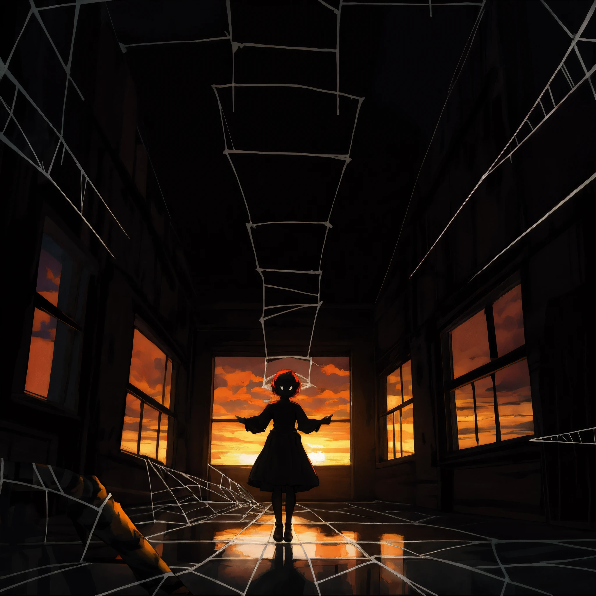 highres, top quality, best quality, paid reward available, High-quality illustrations, unparalleled masterpiece, perfect artwork, absurdres, Spider woman standing in the center of a dimly lit room, spider webs, Decayed room, Sunset through the window,