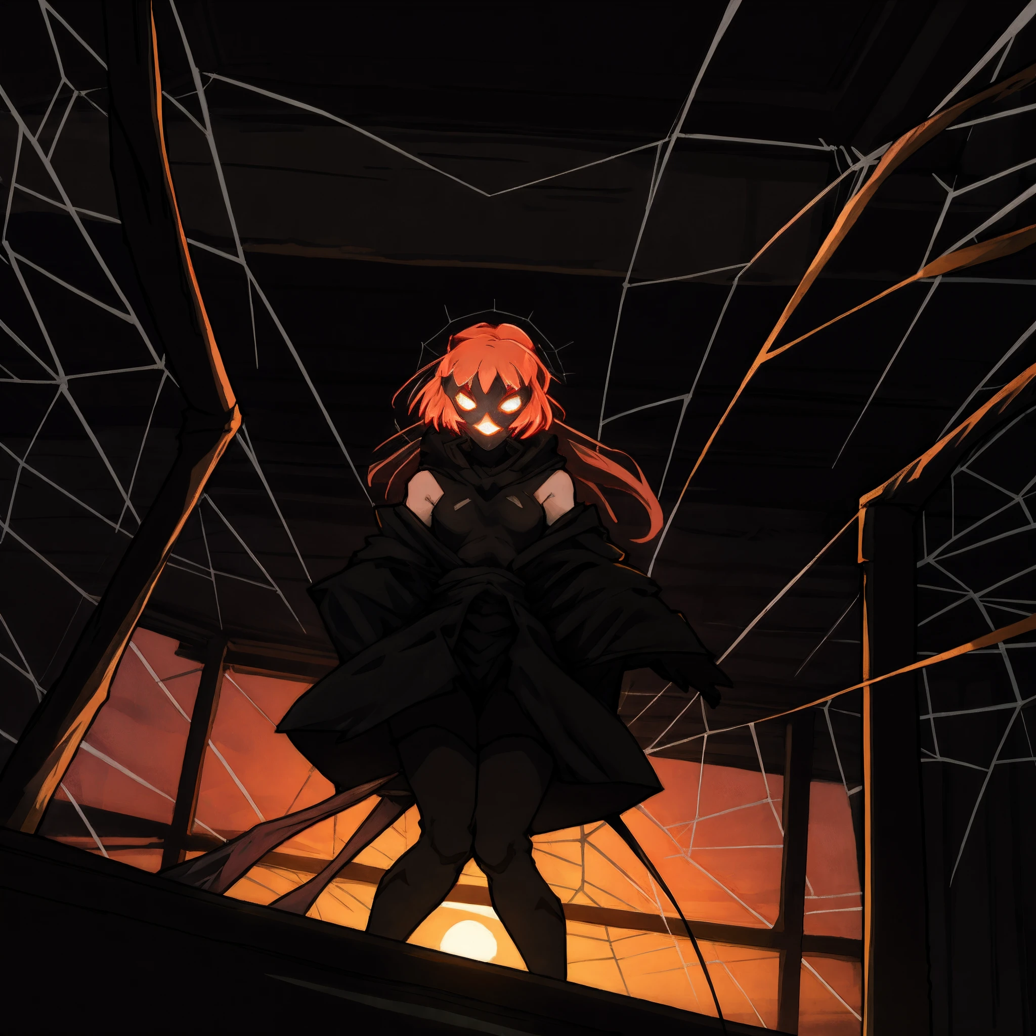 highres, top quality, best quality, paid reward available, High-quality illustrations, unparalleled masterpiece, perfect artwork, absurdres, Spider woman standing in the center of a dimly lit room, spider webs, Decayed room, Sunset through the window,