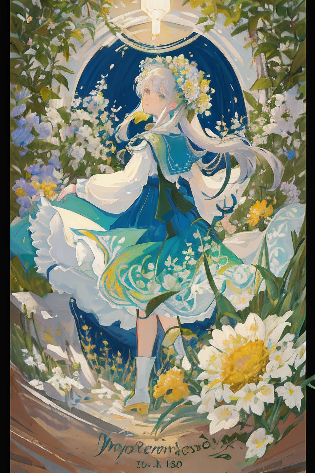 A high resolution, Original, extremelydetailedwallpaper, view the viewer,1girll,Solo,Portrait, Masterpiece, Best quality,Blooming flowers flutter in the wind,Girl in flowers,Light white and silver design,Pay attention to the texture of the skin and flowers,Sony FE 12-24mm F/2.8 gm,Impressionist garden,Proficient in calligraphy,eco-friendly craftsmanship,Brush stroke exploration