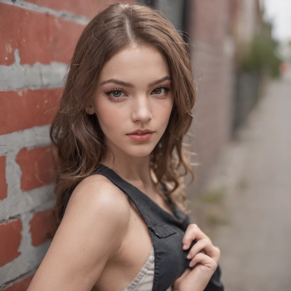 a photo of a young woman model in a back alley , Graffity on the walls , woman is posing for the photoshhot ,professional photoshoot, hip hop fashion , modern , hip hop clothes,twilight ,urben clothes, hypereralistic ,8k