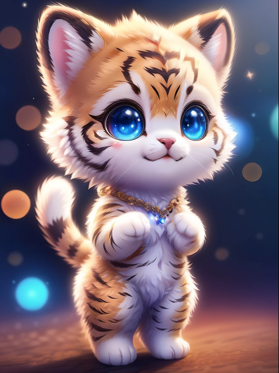 cute tiny hyperrealistic white tiger with different color eyes waring a necklace, Chibi, adorable and fluffy, logo design, cartoon, cinematic lighting effect, charming, 3D vector art, cute and quirky, fantasy art, bokeh, hand-drawn, digital painting, soft lighting, isometric style, 4K resolution, photorealistic rendering, highly detailed clean, vector image, photorealistic masterpiece, professional photography, simple space backdrop, flat white background, isometric, vibrant vector