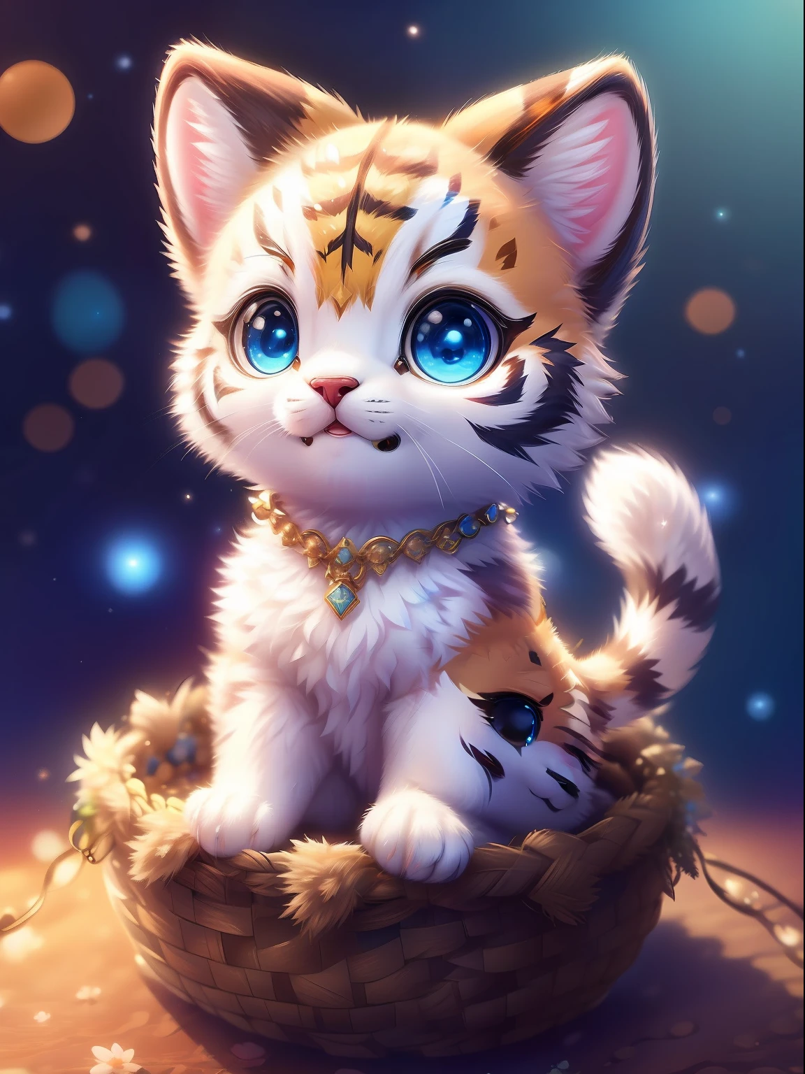 cute tiny hyperrealistic white tiger with different color eyes waring a necklace, Chibi, adorable and fluffy, logo design, cartoon, cinematic lighting effect, charming, 3D vector art, cute and quirky, fantasy art, bokeh, hand-drawn, digital painting, soft lighting, isometric style, 4K resolution, photorealistic rendering, highly detailed clean, vector image, photorealistic masterpiece, professional photography, simple space backdrop, flat white background, isometric, vibrant vector