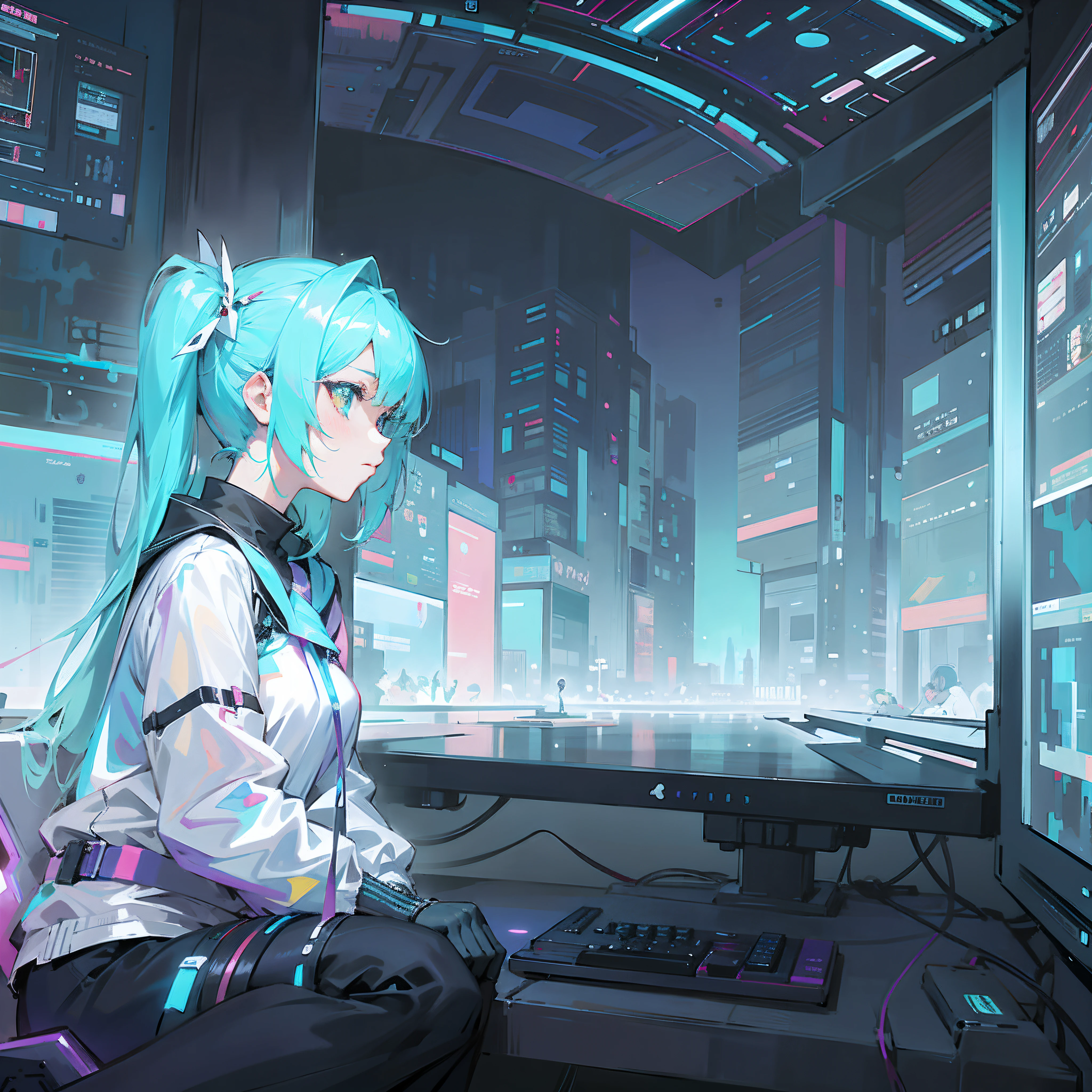 Anime girl sitting at computer desk holding keyboard, Digital cyberpunk anime art, digitl cyberpunk - anime art, anime cyberpunk art, style of anime4 K, Anime art wallpaper 4 K, Anime art wallpaper 4k, cyberpunk anime art, Best anime 4k konachan wallpaper, 4K anime wallpaper, Anime art wallpaper 8 K, Digital art on Pixiv