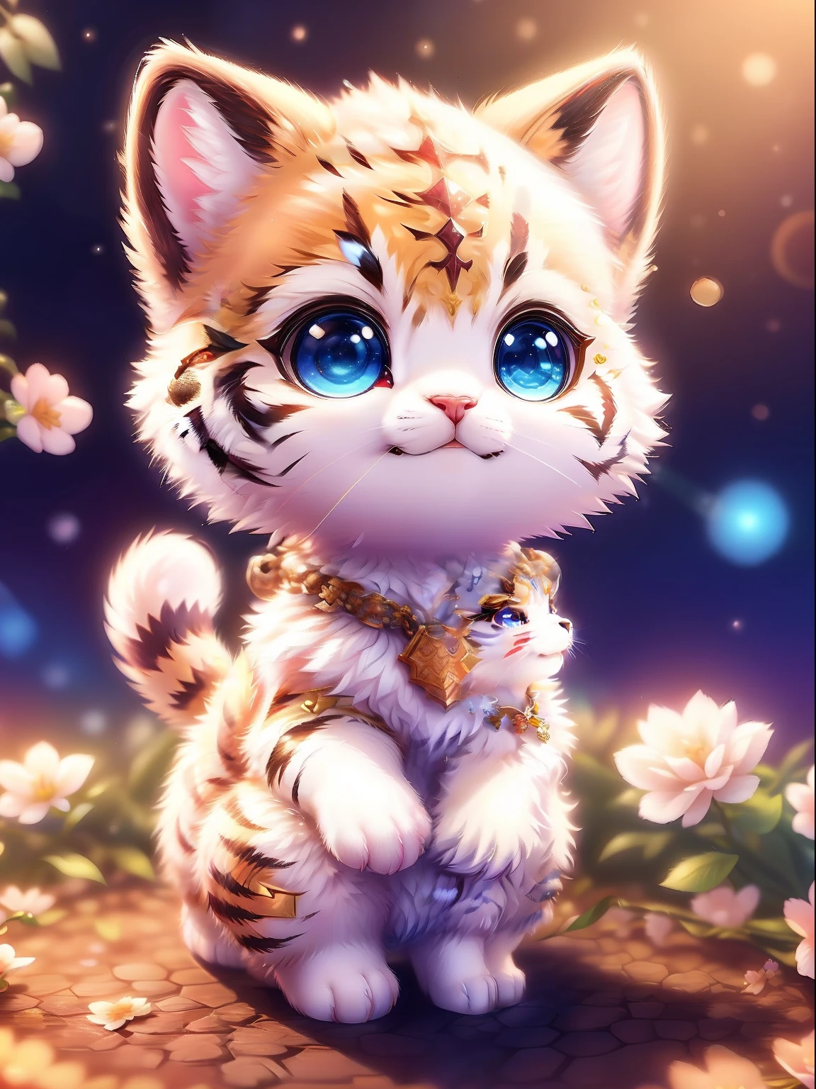Cute little surreal white tiger with different colored eyes alerting necklace、Chibi、adorable and fluffy、Logo Design、comic strip、cinematic lighting effect、Attractive 3D vector art、Cute and quirky fantasy art、bokeh dof、handdraw、digitial painting、Soft lighting、Isometric style、4K resolution、photo realistic render、Highly detailed clean、Vector image、A photorealistic masterpiece、professional photograpy、Simple space background、Flat white background、 isometric、vibrant vector、Walk with the owner、