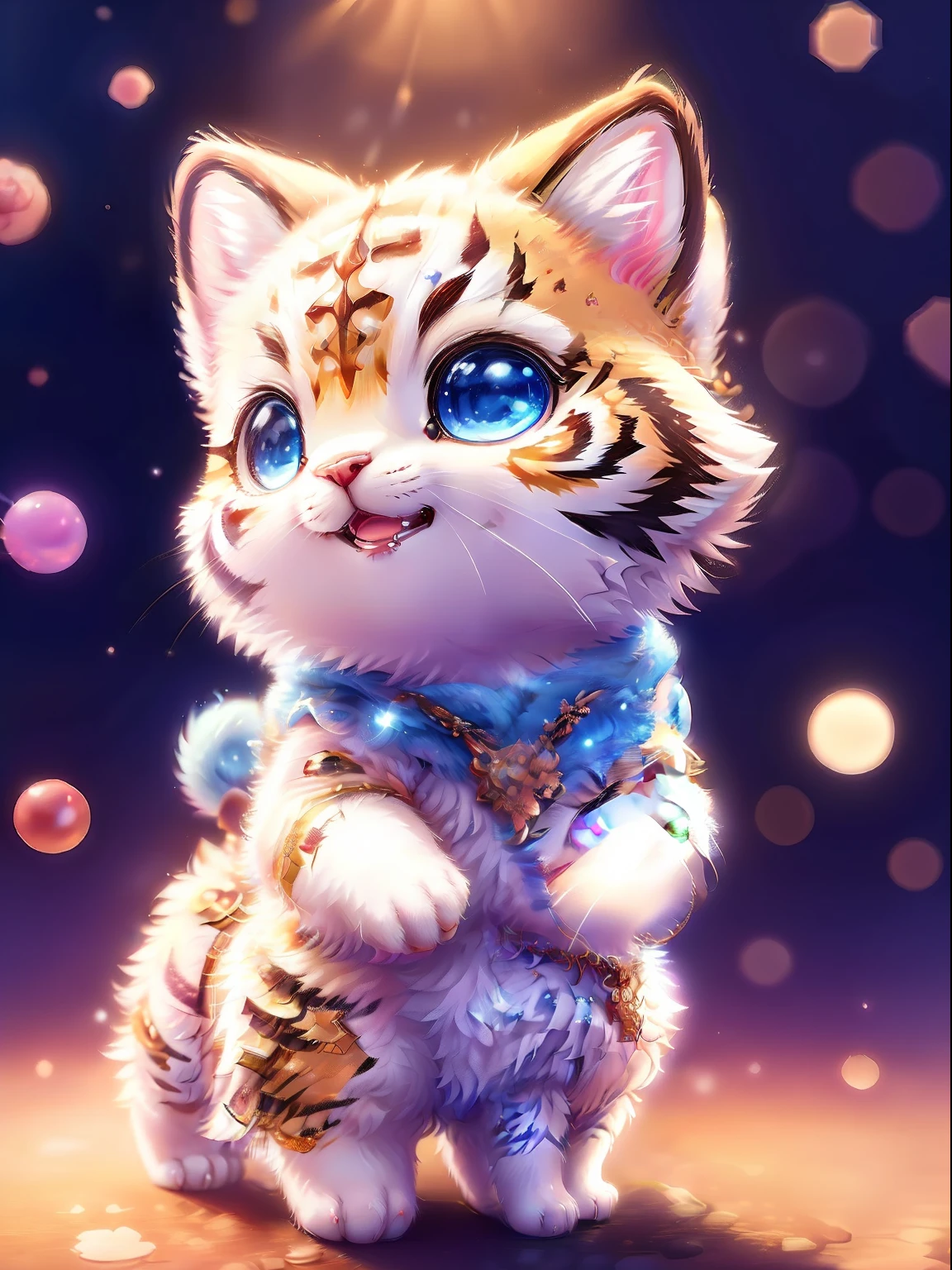 Cute little surreal white tiger with different colored eyes alerting necklace、Chibi、adorable and fluffy、Logo Design、comic strip、cinematic lighting effect、Attractive 3D vector art、Cute and quirky fantasy art、bokeh dof、handdraw、digitial painting、Soft lighting、Isometric style、4K resolution、photo realistic render、Highly detailed clean、Vector image、A photorealistic masterpiece、professional photograpy、Simple space background、Flat white background、 isometric、vibrant vector、Walk with the owner、
