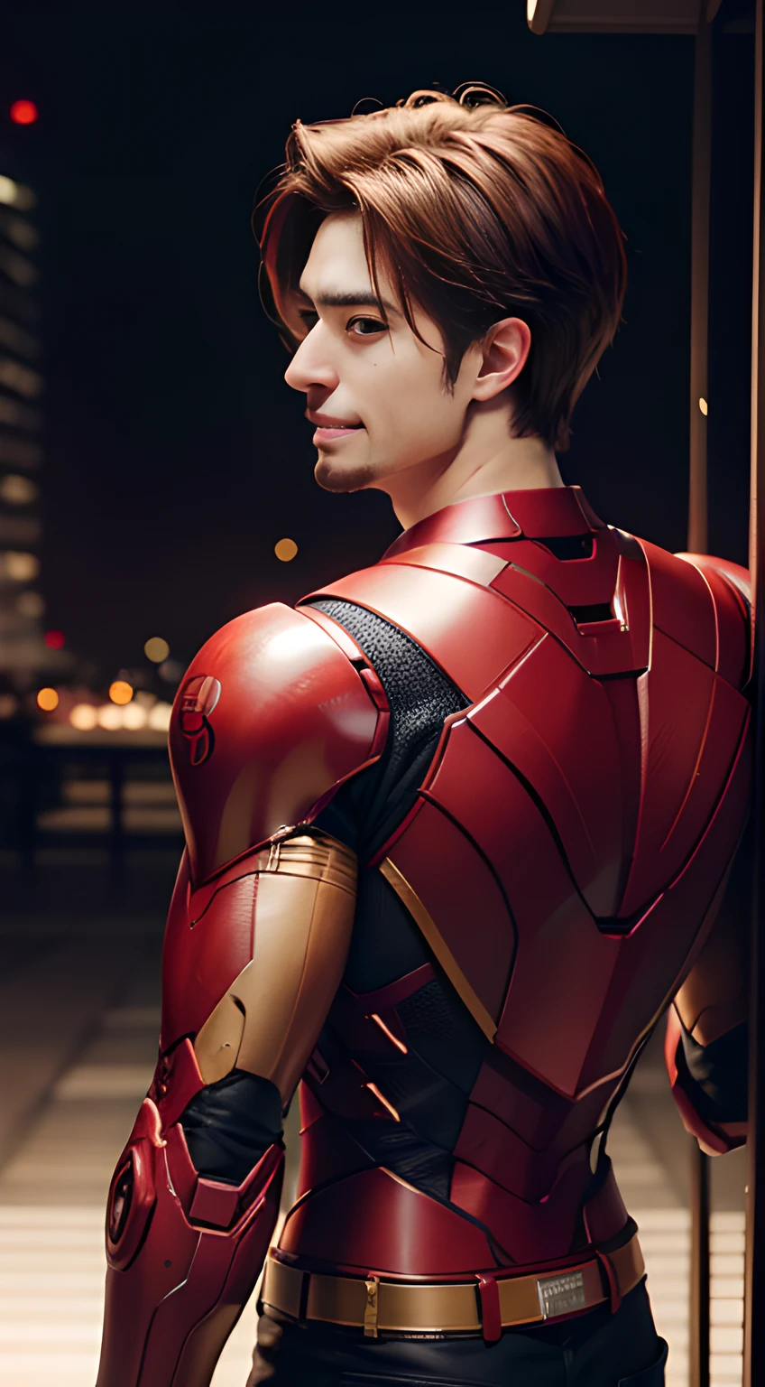 ((Men only)), (cowboy shot), (back view),  (Handsome muscle man in his 20s), (smile), (IRON MAN), (Leon Kennedy), (red hair), (detaile: 1 in 1), Natural muscles, HIG quality, beautidful eyes, (Detailed face and eyes), (Face、: 1 / 2), Noise, Real Photographics、... ..................................................................................................................PSD, Sharp Focus, High resolution 8K, realisitic & Professional Photography, 8K UHD, Soft lighting, High quality, Film grain, FujifilmXT3