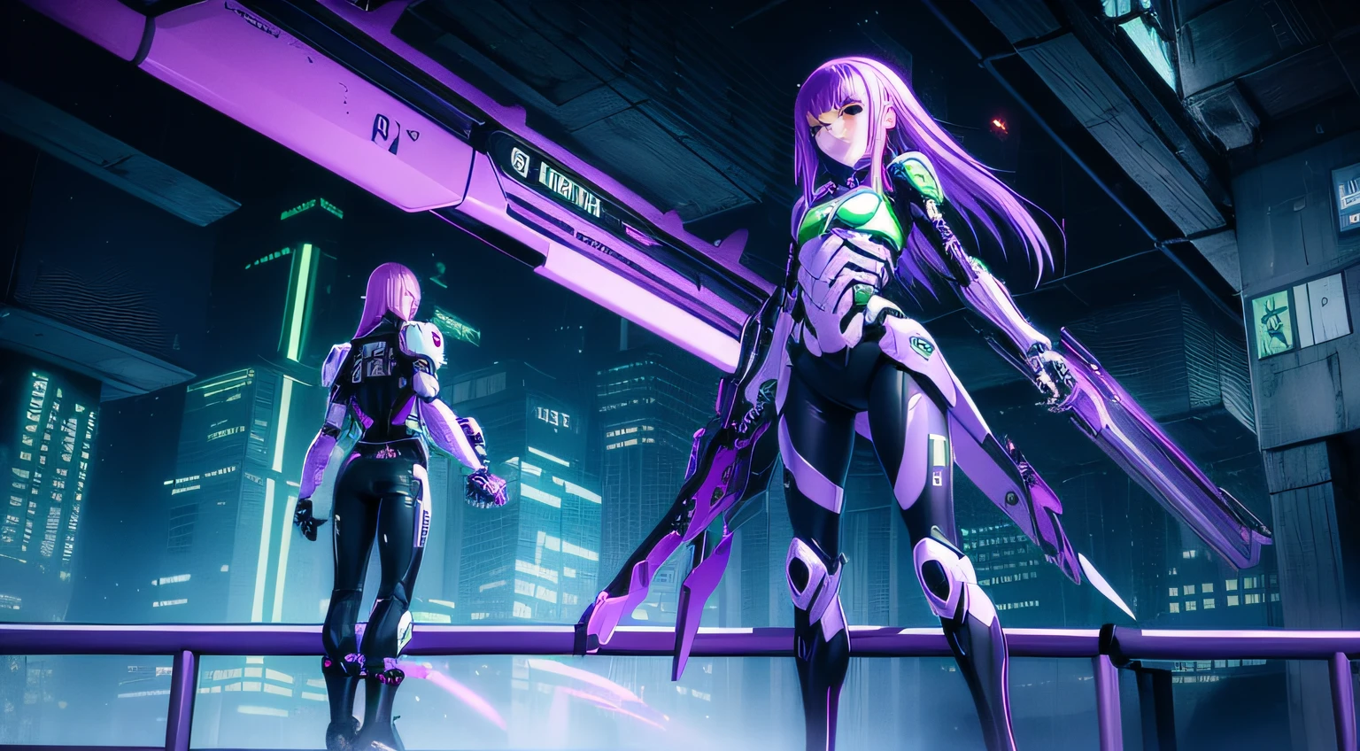 Cybernetic girl, dystopian, neo-tokyo, purple and green accents, visible cyber-skeleton, 8k, high quality, side cut long hair, weapon, scythe, night, moon