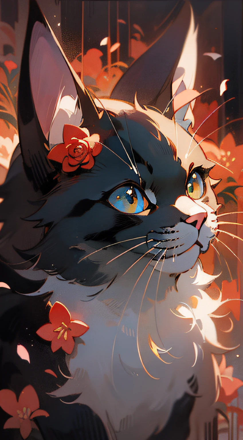Cute black puppet cat rose in mouth, Hayao Miyazaki dream style, surrealist animal illustration, bow, red roses field, Meiji art, light color color painting, rich layers, realistic figurative painting, realistic hyper-detail portrait style, neo-traditional japan, soft edges, dreamy illustration