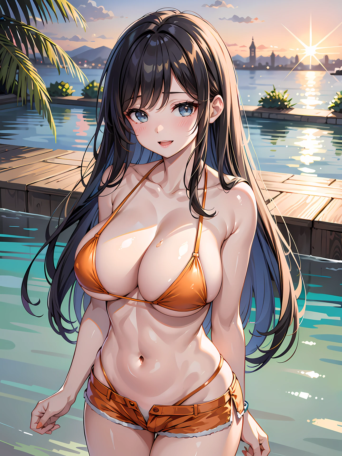 (1girl:1.3, solo), (Masterpiece, best quality, photorealistic, highres, photography, :1.3), ultra-detailed, sharp focus, professional photo, commercial photo, (upper body:1.3), (standing in water:1.3, at blue ocean), (((starring at the viewer:1.5))), (crossed arms on stomach:1.3, leaning forward:0.95), BREAK, 1girl, solo, milf, European girl, hot model, (attractive model:1.37), (promotional model:1.2), highly detailed eyes and pupils, realistic skin, (attractive body, gigantic breast:1.38, disproportionate breasts:1.38, thin waist:1.15), thin hair, single braid hair, shiny-black hair, extremely detailed hair, delicate sexy face, sensual gaze, shiny lips, BREAK, (orange bikini:1.3), (shorts:1.3), detailed clothes, BREAK, (outdoor, hot bath tub background, in bath tub, european hot bath, in water, breasts on water:1.3, blurry background:1.25, simple background, no-human background, detailed background), (under sunset:1.37), BREAK, (attractive posing), ((realistic, super realistic, realism, realistic detail)), perfect anatomy, perfect proportion, bokeh, depth of field, hyper sharp image, (attractive emotion, seductive smile:1.2, happy:1.2, blush:1.2, :d:1.2, :p:1.2), 4fingers and thumb, perfect human hands, wind,