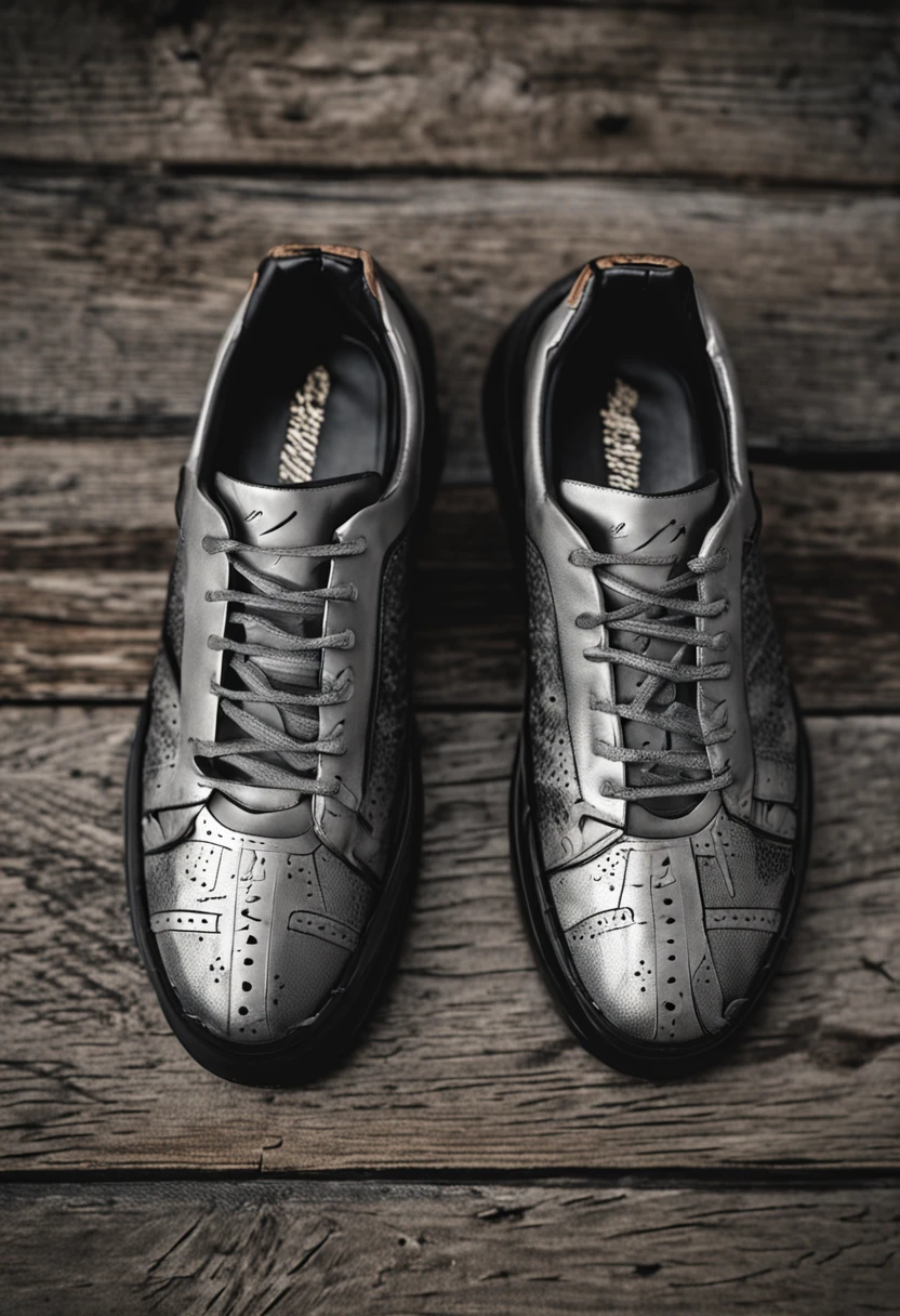 Close-up of a pair of shoes on the wooden floor,Photo of Solomon sneakers+The entire shoe is presented in its entirety,Black laces,Black shoe body,Gray sole。laces,Bottom view,spikes on the body,Inspired by Solomon Abbe,Top close-up,Bottom - View,signature on the bottom,Bottom-up perspective,Close-up shooting from the rear。