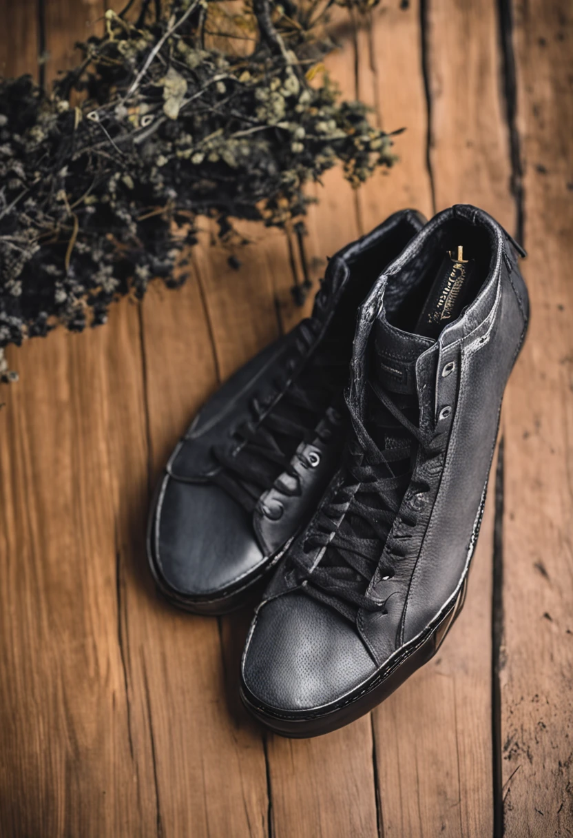Close-up of a pair of shoes on the wooden floor,Photo of Solomon sneakers+The entire shoe is presented in its entirety,Black laces,Black shoe body,Gray sole。laces,Bottom view,spikes on the body,Inspired by Solomon Abbe,Top close-up,Bottom - View,signature on the bottom,Bottom-up perspective,Close-up shooting from the rear。