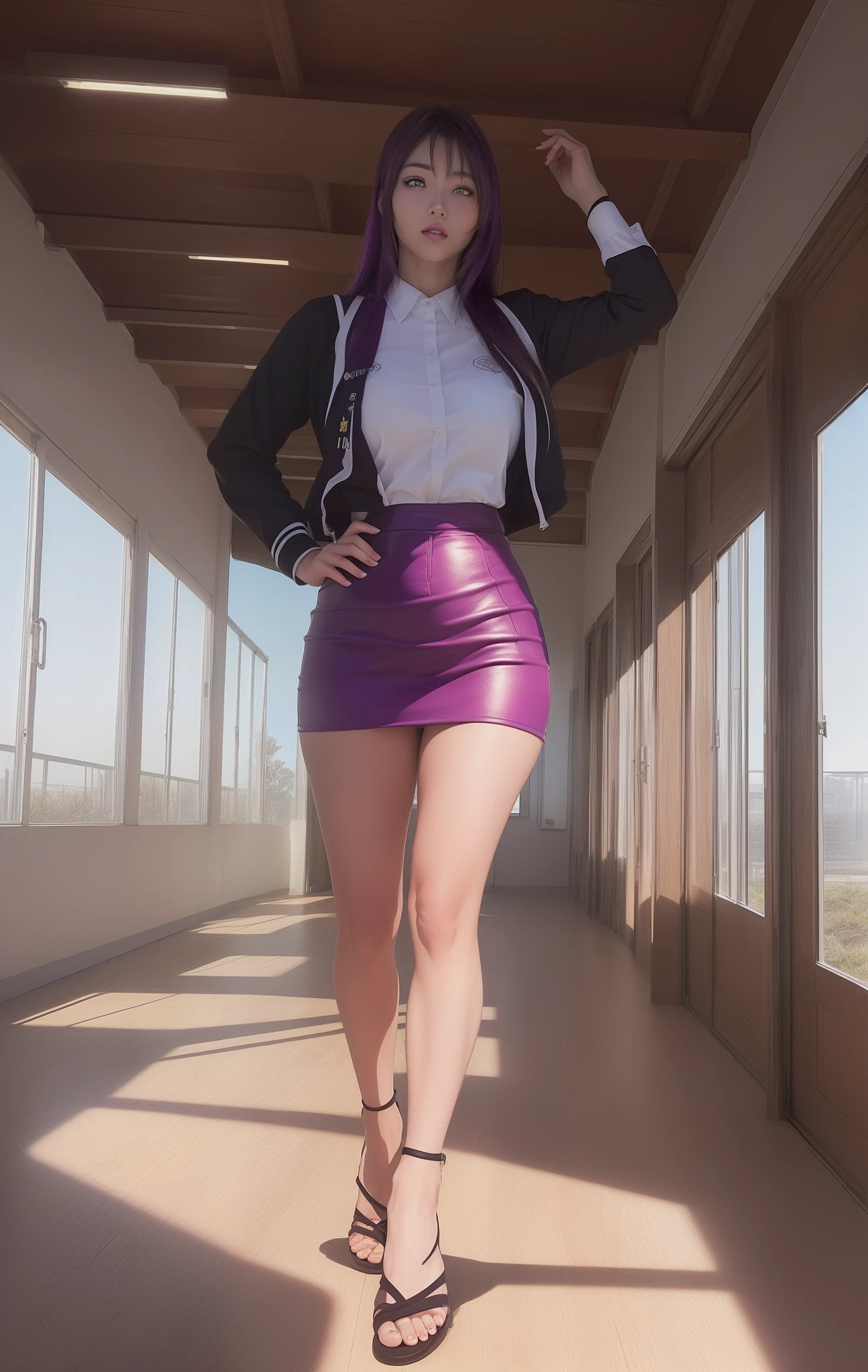 ((((Full body))))(Obra maestra, La mejor calidad, alta calidad, Ilustraciones profesionales, Detalles intrincados, field of view, foco nítido, Pintura detallada, cinematic lighting, Tendencias en Pixiv, (vivid illumination, colores vibrantes, por por Nagasawa Rosetsu),
Hiroko Takashiro, (hembra madura, Milf:1.2), solamente, (curva:1.15), Manos en la cintura, Classroom, ventana, Cielo , (perfil:0.7), Mirando al espectador, tacones negros
(Pelo rojo:1.05), Cabello largo, lipstick, maquillaje, Cabello ultra detallado, Cara ultra detallada, (purple eyes:1.05), ojos perfectos, Cara perfecta, Pendientes, (confuso, sonrojarse:1.2),
(camisa:0.9), (chaqueta:1.15), (muslos negros, liguero:1.1), (Zettai Ryouiki:0.8), pencil skirt, Uniforme escolar, escote, grande, Muslos, caminando en una escuela