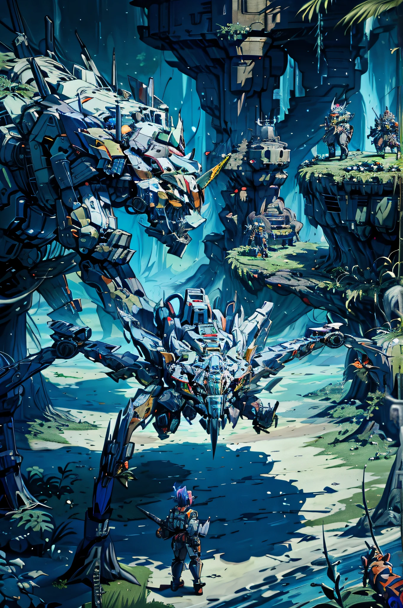 There is a picture of a lot of people in a jungle, Arte Zoids, arte do jogo ultra detalhada, detailed game art illustration, arte oficial altamente detalhada, arte detalhada do jogo, arte de fantasia digital 2d detalhada, Arte Mecha, arte estilizada muito coerente, Game Illustration, epic full color illustration, mecha asthetic, anime mecha aesthetic, Zoids