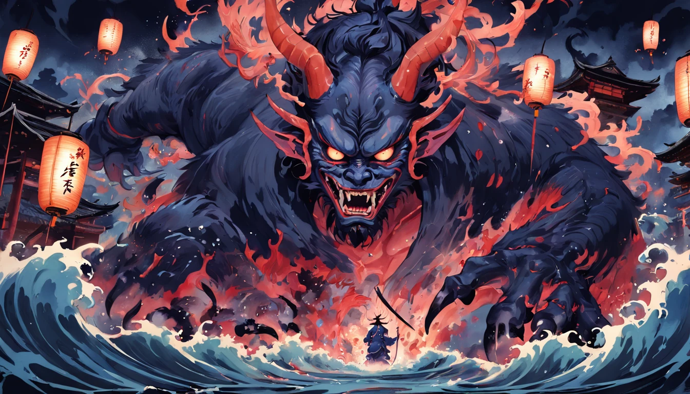 ((masterpiece)),best quality, ((illustration)),original, extremely detailed wallpaper, (sketch),((wash painting)),((ink splashing)),((((dyeing)))),((Japanese painting)), Hyakki Yagyō, Night Parade of One Hundred Demons, oni, yokai, Japanese scene, multiple Japanese supernatural creature