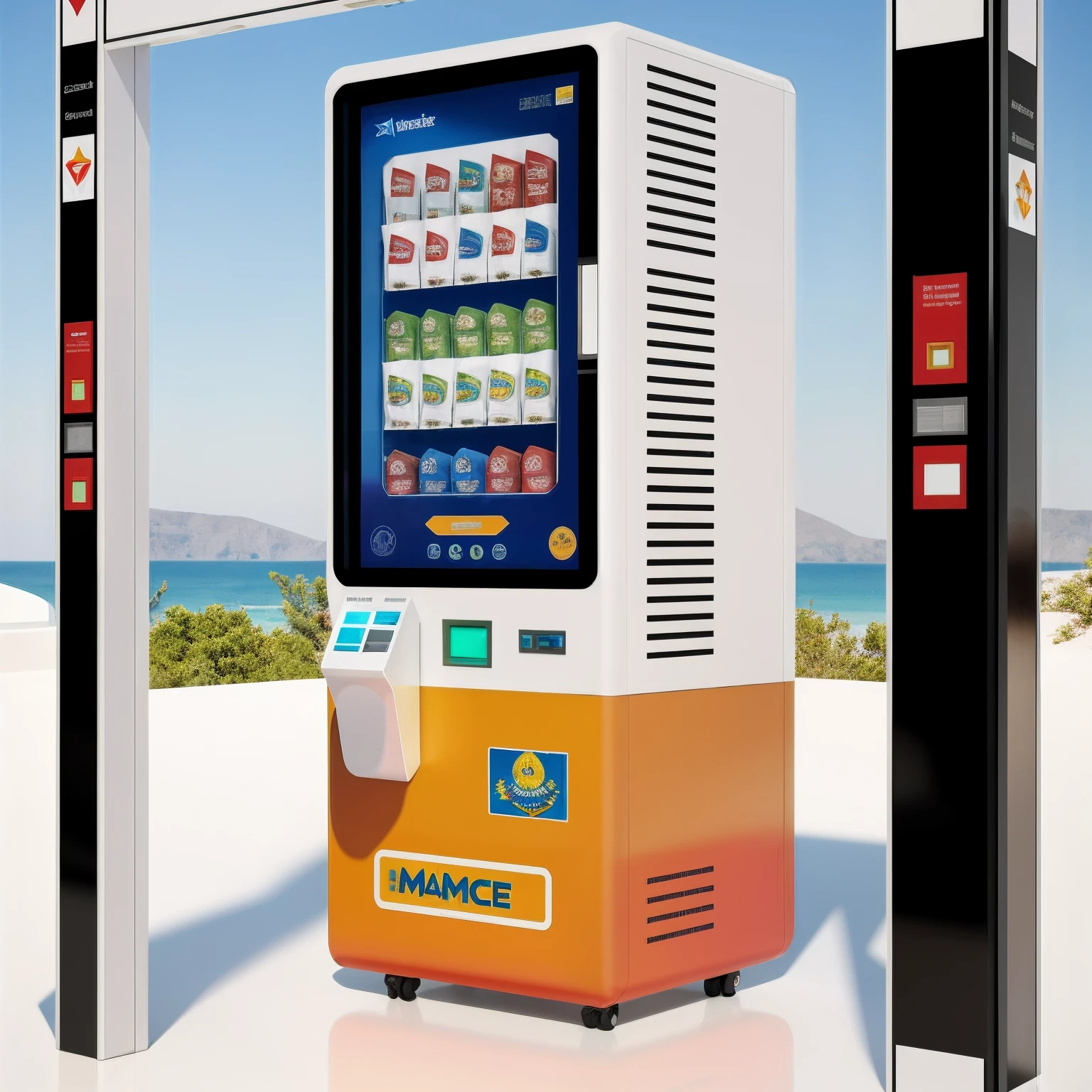 Close-up of a compressed towel on display，For example，Star support material assembly，vending machines，sci-fi vending machine，3D product render，Some are more specific, Descriptive scenarios may appear on the computer，por exemplo, Someone went to the vending machine and bought a compressed towel，etc，Or describe the scene where something is purchased，Stylistic references attract attention，applied，Represents fashionability，Elements with a strong visual sense，There are reasonable ones on the fuselage, A contextual description of the style element, etc，The overall color is mainly white and light yellow，Color distribution is 50 each%,Wish there were more elements，The elements are more diverse，Fewer colors，There are no portraits on the machine，or role，The color is lighter，There are slightly more elements in the adult category，The design is a little stronger，Two-dimensional points，Simple and fresh