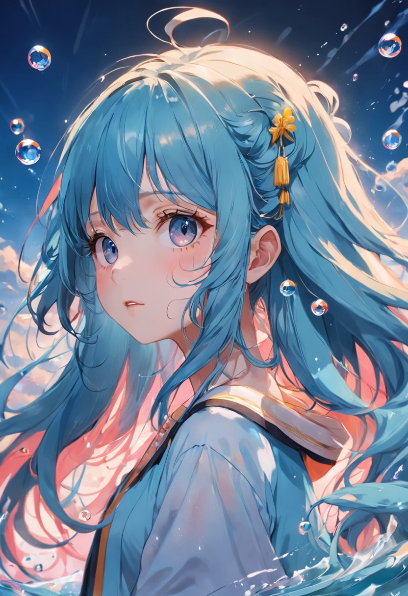 (Masterpiece),full bodyesbian, (Best quality), (Ultra detailed),(disheed hair),(illustration), (1girll), (Fashionable clothing), girls, Fashion model, (Simple background),美丽细致的眼睛,Delicate beauty,afloat,(high saturated),(Colorful splashes),Colorful bubbles,(Shine),Focus on the face,lightblue hair,By bangs,Hair rings,Floating flowers,floated hair,(Shiny),best illuminate,Best shadow,
