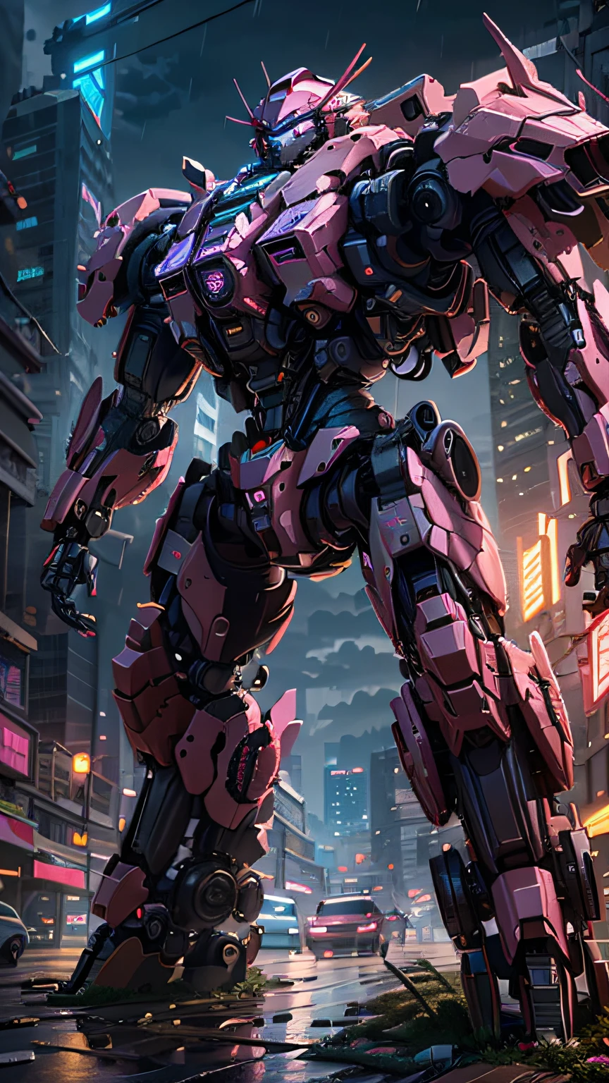Extreme masterpiece, visual impact, Selu driving a pink mech rampaging through post-apocalyptic ruins, rainy night, volumetric lighting interwoven with neon, meticulous details and textures, perfect proportions and framing, 8K quality, HDR tones, RTX ray tracing, depth of field, subpixel optimization, liquid crystal lighting