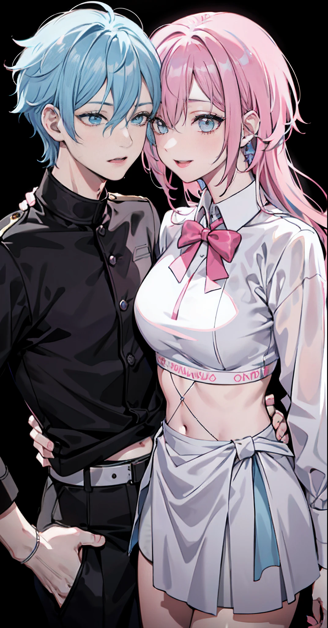 Male and female couples, Idol Photos, Magazine covers, Photos of actors, Professional Photos, Height difference, Happiness, youthfulness, lovey-dovey, extra detailed face, detailed punk hair, very detailed character, inspired by Sim Sa-jeong, single realistic face, Cai Xukun's, detailed realistic faces, highly detailed realistic face, high detailed face anime, realistic detailed face, Accurate detailed face, attractive androgynous humanoid, Black Casual Idol Costume, ((Man with light blue hair)), ((Woman with pink hair)), ((Woman with long hair below waist)), ((Man with short hair over ears)), ((Pink hair woman with gentle expression)), ((Man with light blue hair with wild expression)), high-level image quality, masterpiece, Photographed so that the whole body can be seen, Photographed to make clothes look beautiful, Take your eyes off, ((two individuals))