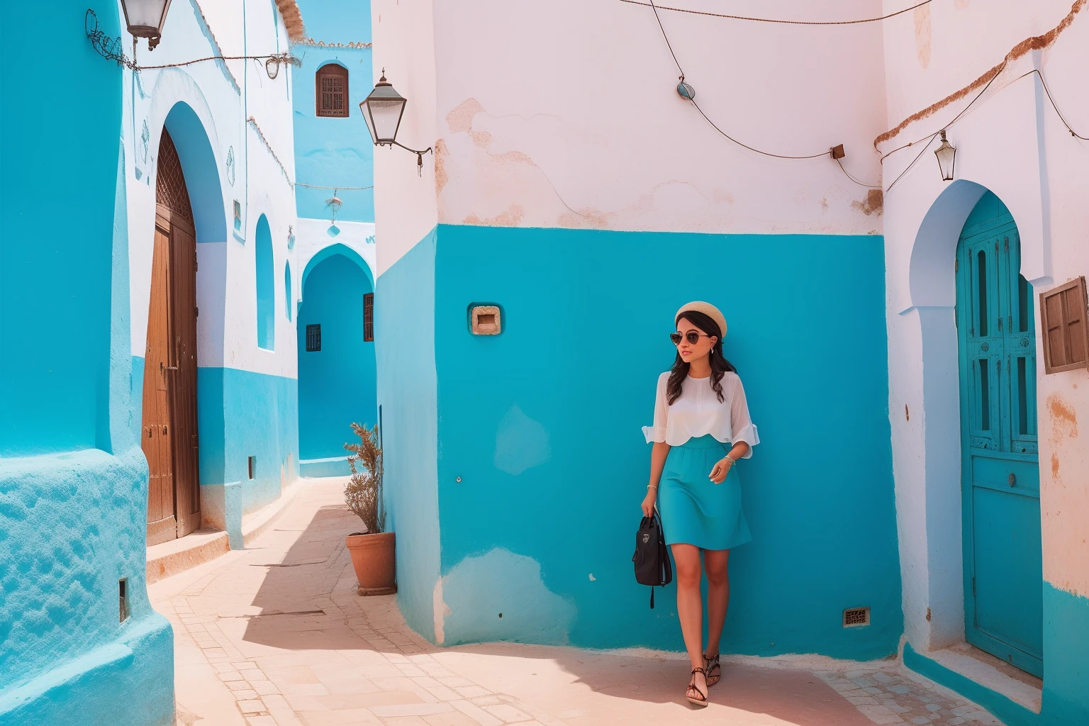 Year: 2020
Country: Morocco
Description: In the coastal city of Essaouira, a young woman with a vintage camera explores the narrow streets and captures the essence of the city. The white-and-blue buildings and the turquoise sea provide a stunning color palette against the luminous daylight, creating a cinematic atmosphere.