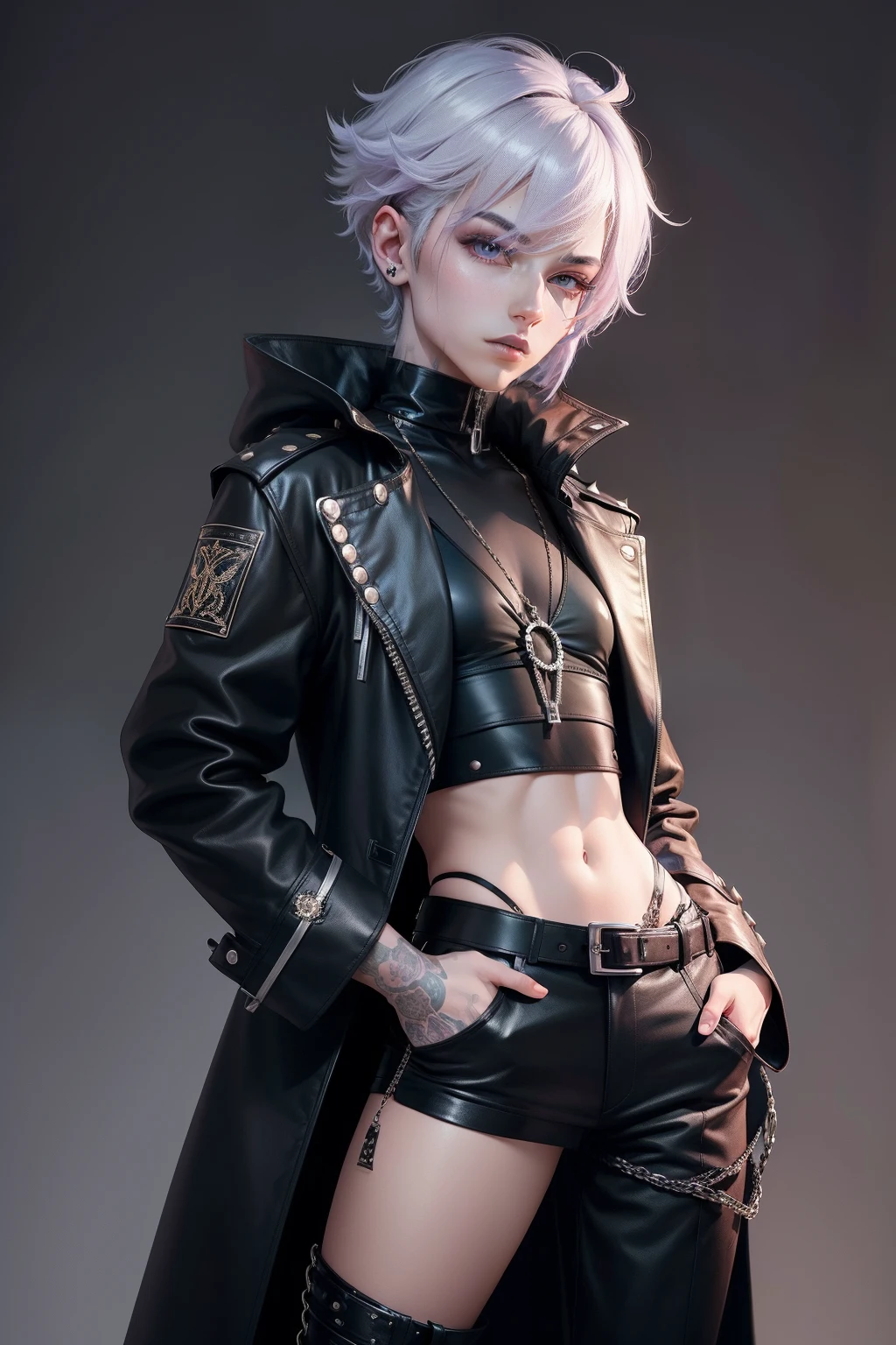 arafed non - binary model, androgynous, androgynous femboy, beautiful androgynous femboy, androgyny, androgynous person, delicate androgynous prince, non binary model, beautiful androgynous prince, zac retz, lil peep, zero g pretty anime male with lilac hair and grey eyes, deep navel, wearing black designer coat with studs, crop top over chest, and black pants with belt, fashionable, uzzlang, techwear