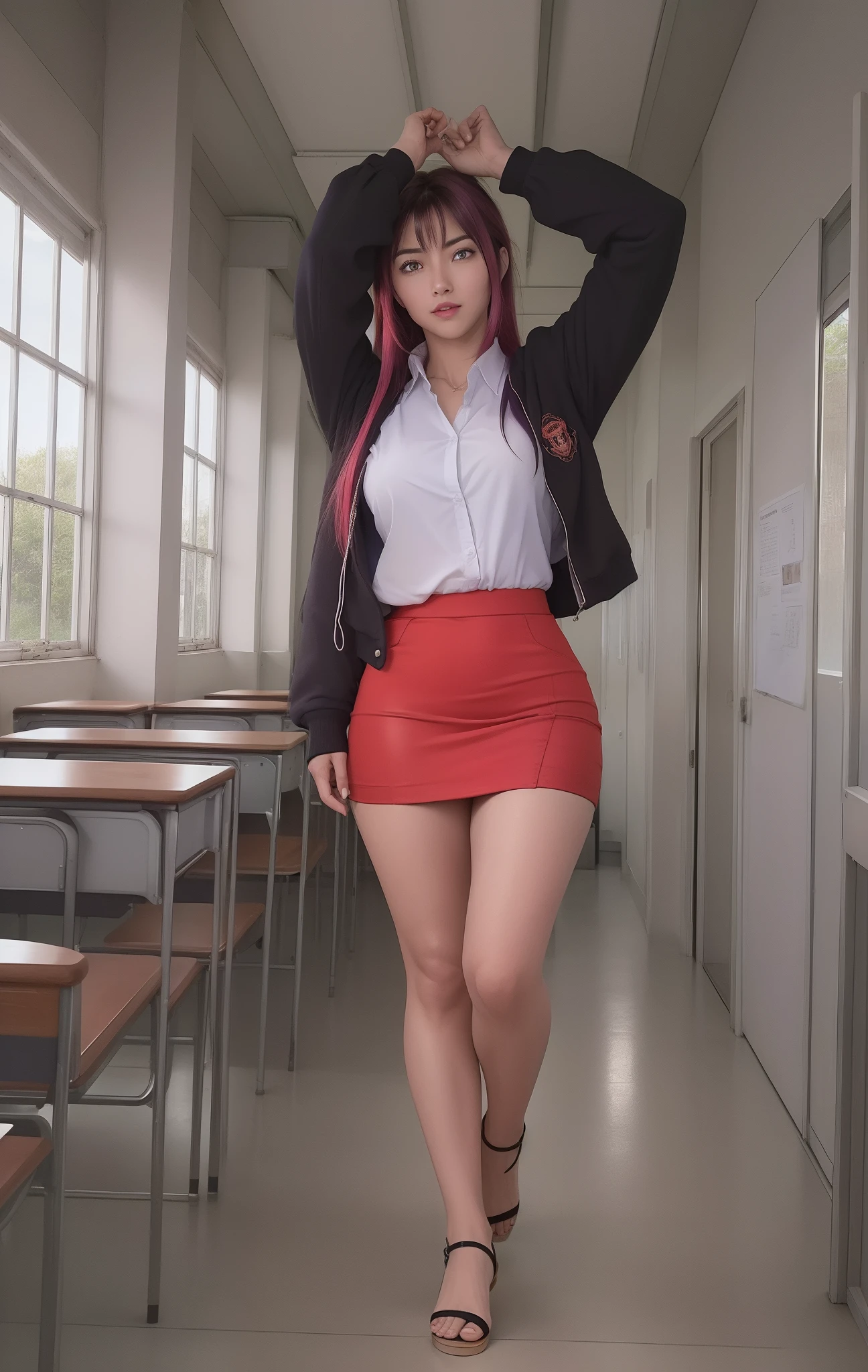 ((((Full body))))(Obra maestra, La mejor calidad, alta calidad, Ilustraciones profesionales, Detalles intrincados, field of view, foco nítido, Pintura detallada, cinematic lighting, Tendencias en Pixiv, (vivid illumination, colores vibrantes, por por Nagasawa Rosetsu),
Hiroko Takashiro, (hembra madura, Milf:1.2), solamente, (curva:1.15), Manos en la cintura, Classroom, ventana, Cielo , (perfil:0.7), Mirando al espectador, tacones negros, falda roja.
(Pelo rojo:1.05), Cabello largo, lipstick, maquillaje, Cabello ultra detallado, Cara ultra detallada, (purple eyes:1.05), ojos perfectos, Cara perfecta, Pendientes, (confuso, sonrojarse:1.2),
(camisa:0.9), (chaqueta:1.15), (muslos negros, liguero:1.1), (Zettai Ryouiki:0.8), pencil red skirt, Uniforme escolar, escote, grande, Muslos, caminando en una escuela
