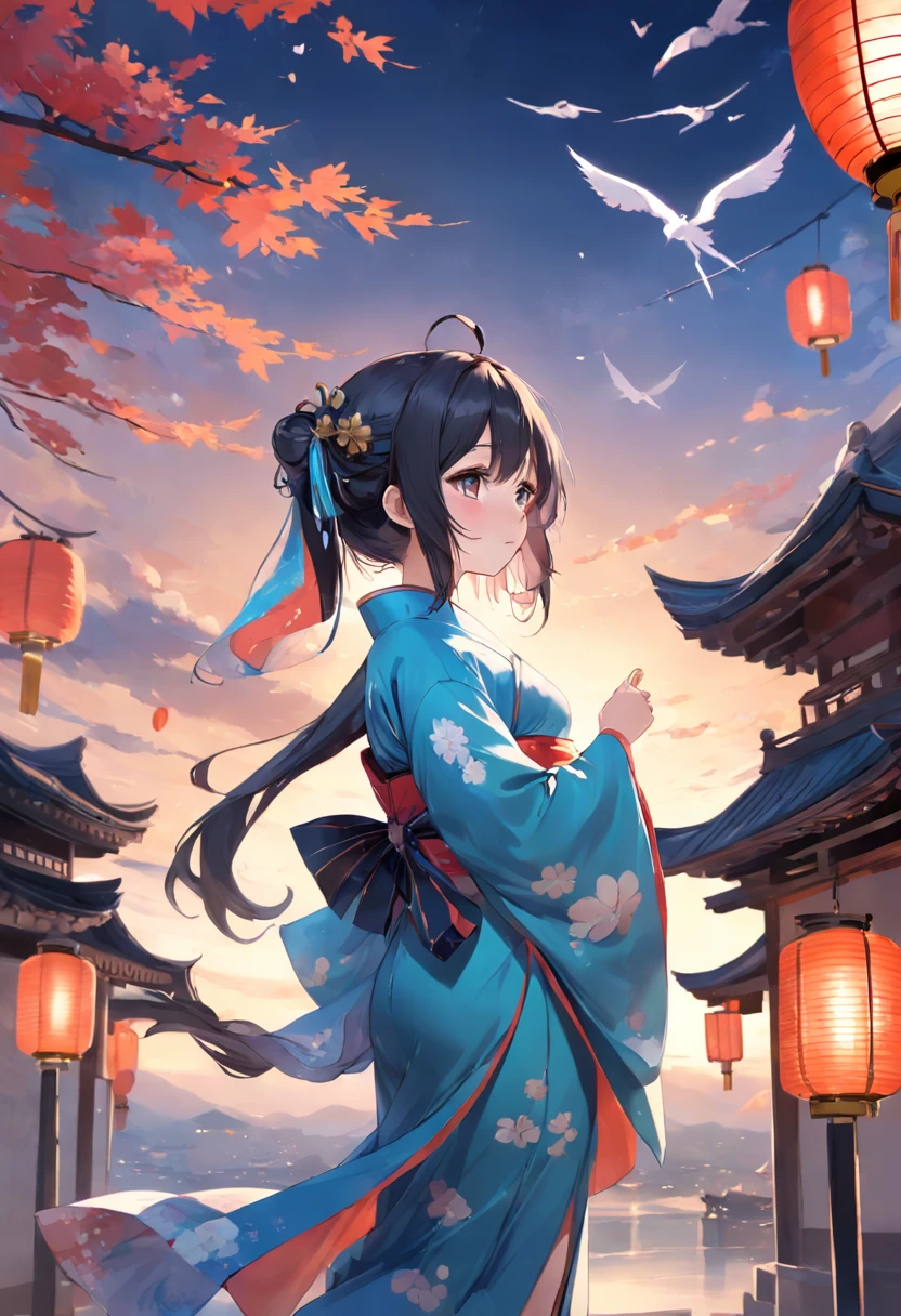 Letters flutter in the sky，Anime girl in kimono costume, guweiz on pixiv artstation, Trending on ArtStation pixiv, guweiz on artstation pixiv, anime style 4 k, Cute anime waifu in a nice dress, from arknights, Anime art wallpaper 8k, kawacy, palatial palace ， a girl in hanfu，NSFW, (8K, Raw photography, top-quality, ​masterpiece:1.2), (realisitic, Photorealsitic:1.37), ultra-detailliert, 1 rapariga, 独奏, cute little, Beautiful detailed sky,nigh sky