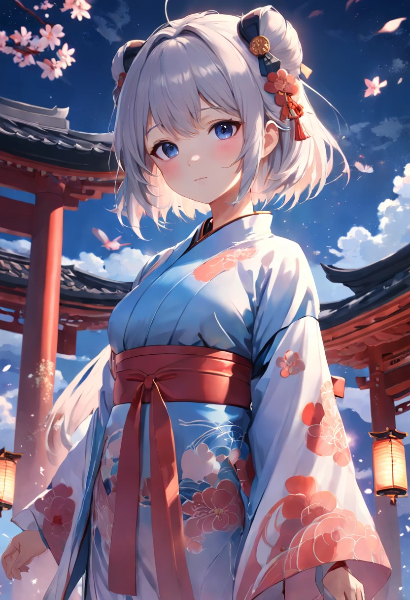 Letters flutter in the sky，Anime girl in kimono costume, guweiz on pixiv artstation, Trending on ArtStation pixiv, guweiz on artstation pixiv, anime style 4 k, Cute anime waifu in a nice dress, from arknights, Anime art wallpaper 8k, kawacy, palatial palace ， a girl in hanfu，NSFW, (8K, Raw photography, top-quality, ​masterpiece:1.2), (realisitic, Photorealsitic:1.37), ultra-detailliert, 1 rapariga, 独奏, cute little, Beautiful detailed sky,nigh sky