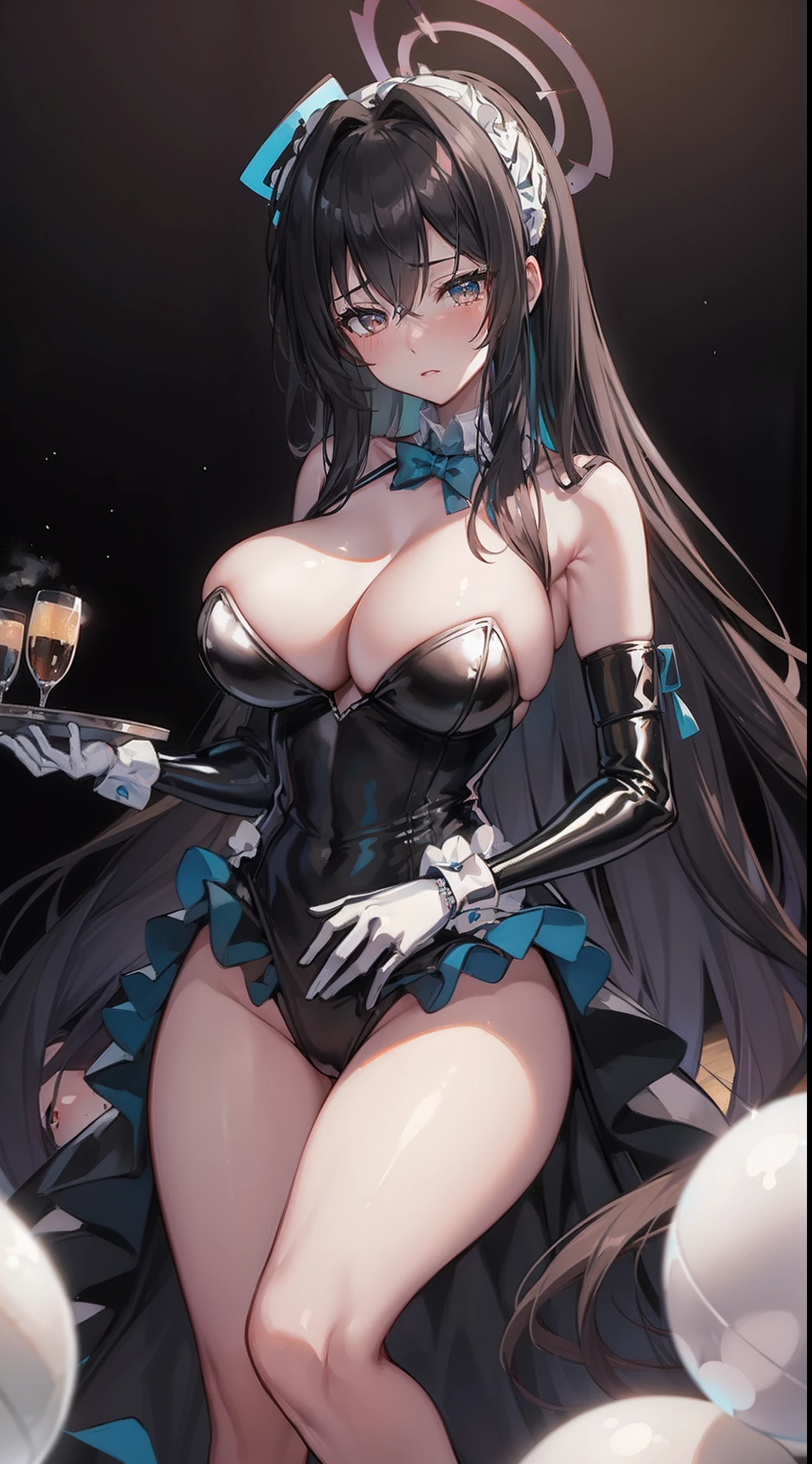 (Karin from Blue Archive:1.4), 8k, highres, ultra detailed, (masterpiece:1.4), (Black and white portrait:1.4), best quality, symmetrical body, dark skin, (latex ballgown:1.4), cute, solo, long hair, Brown hair, amber eyes, glow effect, finely eye, detailed face, looking at viewer, smilling at viewer, dark background, angled view, big breasts, beauty mark