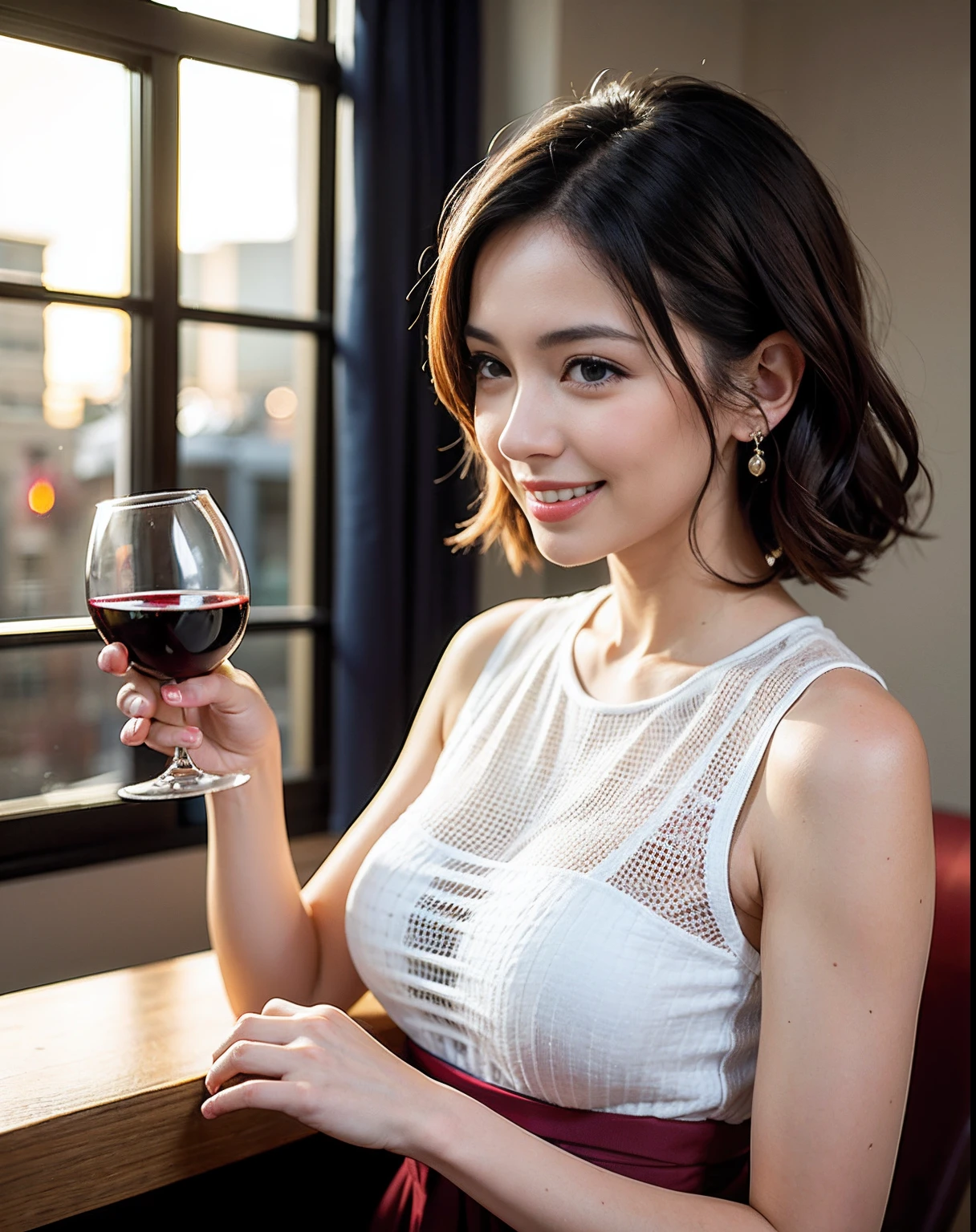 (64K, UHD, top quality, masterpiece: 1.2), (realistic, photorealistic: 1.37), super detailed, pretty woman 1 person, (slim face), (slim body), (brown hair), (short cut), cheeks slightly blushing, (44 years old), 38 years old, solo, beautiful detailed urban night view outside the window, restaurant, wine glasses sit, at night, in a prominent placeNovaFrogStyle, Actress, Model, Waist Up, White Wine, Slim, Wine Glass, Super Clean Night View, Wine Glass Put in the Middle, Happy Smile, (Smile: 1.15), Beautiful Fine Eyes, Upper Body, Bust Japan Up, Night, Short, Short, Actress, Model, Waist Up, White Wine, Slim, Wine Glass, Super Clean Night View, Wine Glass Put in the Middle, Happy Smile,