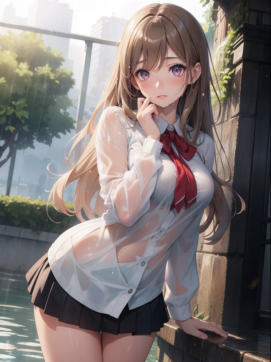 masutepiece, High resolution, 8K, anime woman, Delicate and detailed writing 、Detailed digital illustration、Very long hair and shiny、Bangs、a very beautiful woman、Eyes are double, Large, Bust is D cup、High image quality, High quality、Detailed background、Wearing a student uniform、early evening、rain is falling、Rain-soaked hair、Uniform wet in the rain、The inside of the eye shines like a diamond、gray pupils、4 fingers, 1 thumb、Detailed female face、I'm embarrassed、Very beautiful and cute woman、、细致背景、​masterpiece、Soft Focus , Bright gradient watercolor , Lens Flare , Glitter , Glow , Dreamy , light brown hair、Wet in the rain, Clothes that cling to the body and pale pink bras can be seen through、Heavy rain background、Beautiful water background、a miniskirt、Nothing at hand、Cover your face with your hands in embarrassment、with blush cheeks、Beautiful rainbow on background