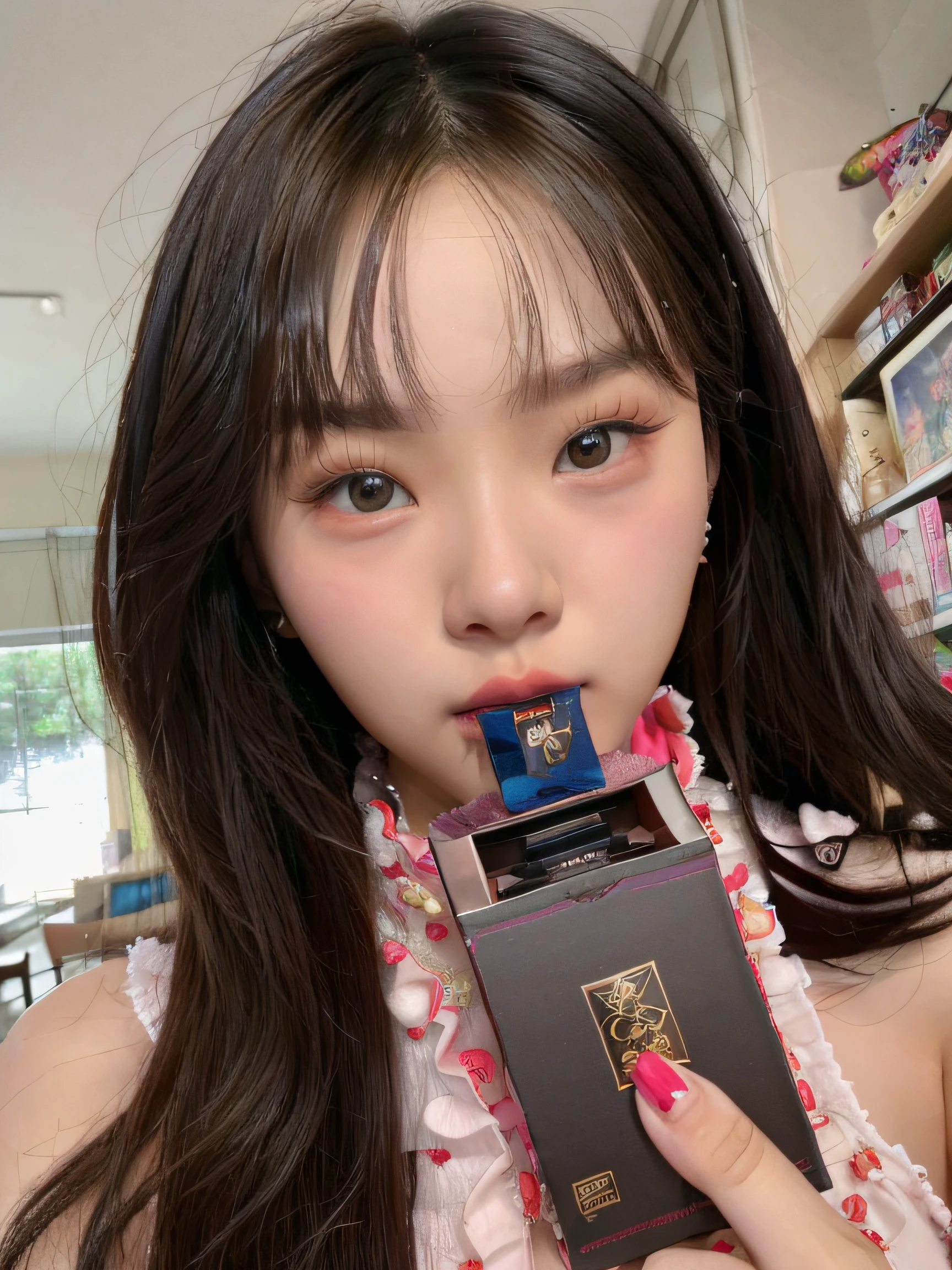 There was a woman holding a box in her hand, A candy in his mouth， 8k selfie photograph, lalisa manobal, lee ji eun, Lee Ji-eun, jaeyeon nam, sun yunjoo, lalisa manoban of blackpink, jisoo from blackpink, jisoo of blackpink, popular korean makeup, park jimin