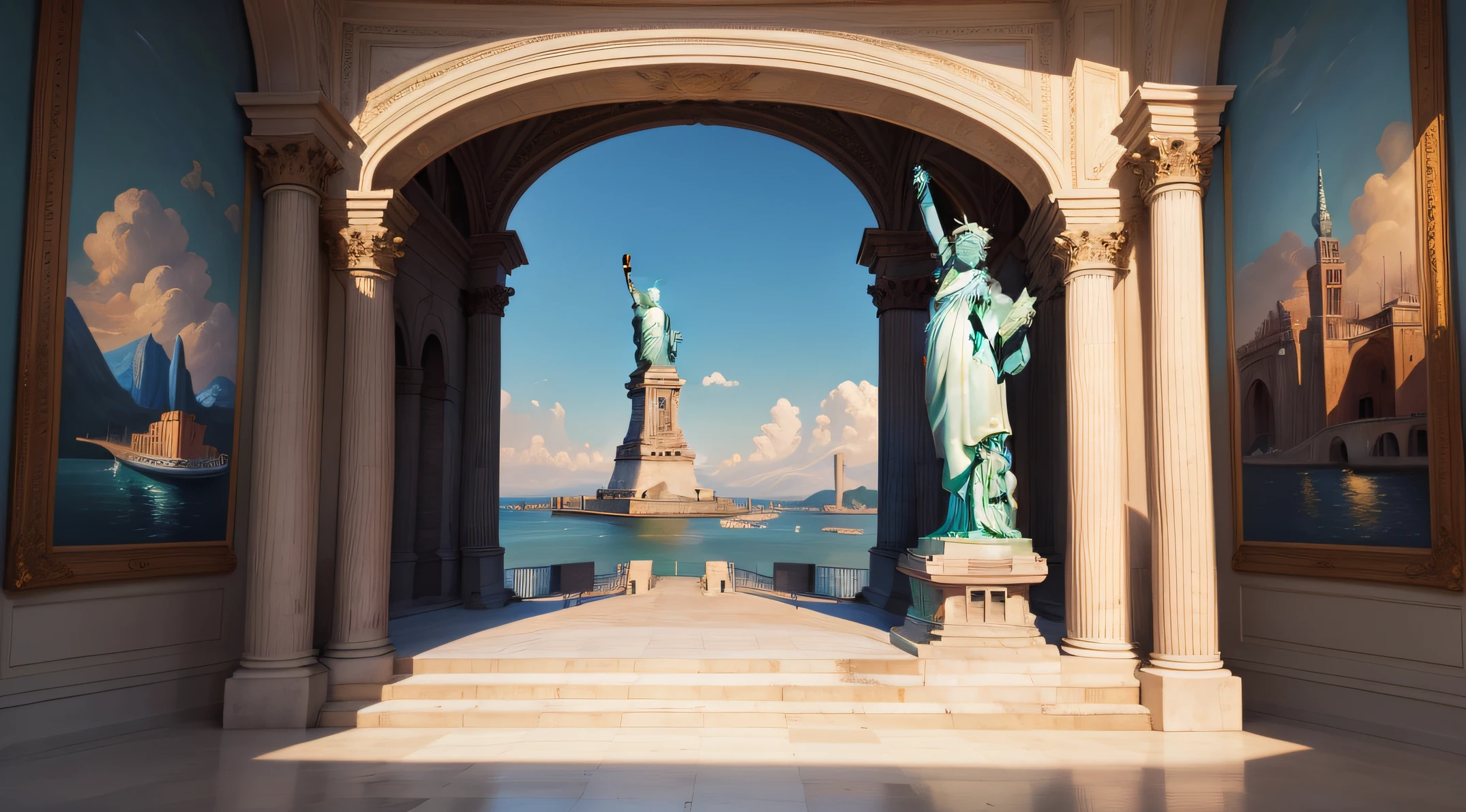 Using Statue Liberty and Italian landmarks to paint abstract European and American prosperous landscapes, inspired by Hildebrandt's abstract European and American prosperous landscapes, Inspired by Hildebrandt, USA Italy