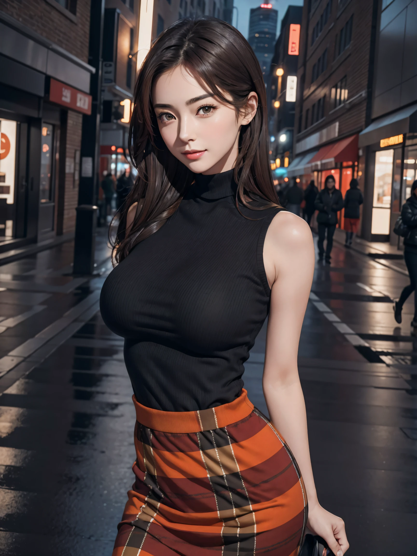 photorealistic, masterpiece, best quality, raw photo, night situation:1.5, at street side, dark street, 
BREAK,
1girl, biggest breasts:1.38, gigantic breasts:1.38, disproportionate breasts:1.38, medium-length hair, brown hair, (extremely pretty and beautiful Japanese actress face:1.3, Korean actress face:1.3, beautiful clean face), 
BREAK, 
attractive look, shiny-orange turtleneck sweater, sleeveless, black plaid-pattern-skirt,   
BREAK, 
looking at viewer, standing at the wall, attractive posing, seductive smile, :d, cinematic lighting, at night, in the dark, deep shadow, at night, natural shading, low key, intricate detail, detailed skin, pore, highres, hdr, 4k, realistic,