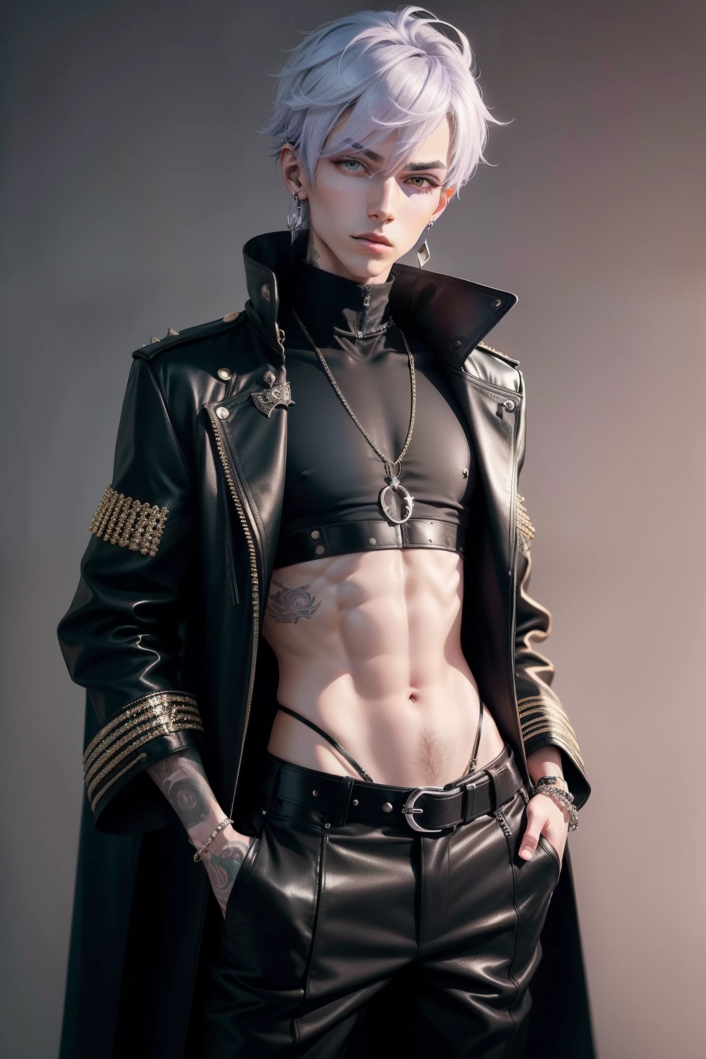 arafed non - binary model male, androgynous, androgynous femboy, beautiful androgynous femboy, androgyny, androgynous person, delicate androgynous prince, non binary model, beautiful androgynous prince, zac retz, lil peep, zero g pretty anime male with lilac hair and grey eyes, deep navel, wearing black designer coat with studs, crop top and black pants with belt, fashionable, uzzlang male, techwear, belly tattoo