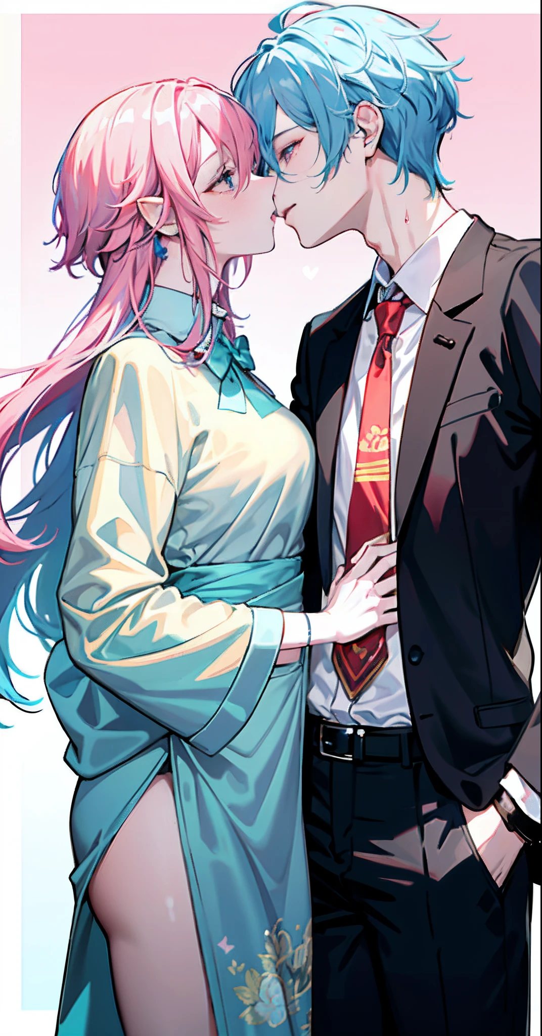 Male and female couples, Idol Photos, Magazine covers, Photos of actors, Professional Photos, Height difference, Happiness, youthfulness, lovey-dovey, the kiss, extra detailed face, detailed punk hair, very detailed character, inspired by Sim Sa-jeong, single realistic face, Cai Xukun's, detailed realistic faces, highly detailed realistic face, high detailed face anime, realistic detailed face, Accurate detailed face, attractive androgynous humanoid, Black Casual Idol Costume, ((Man with light blue hair)), ((Woman with pink hair)), ((Woman with long hair below waist)), ((Man with short hair over ears)), ((Pink hair woman with gentle expression)), ((Man with light blue hair with wild expression)), high-level image quality, masterpiece, Photographed so that the whole body can be seen, Photographed to make clothes look beautiful, Take your eyes off, ((two individuals))