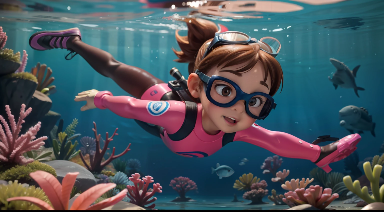 "Awesome art style, highly realistic expression, ultrafine detail, vibrant colors, unique perspective angle, realistic underwater scenes, smooth water light effect, lifelike background, energetic action, on-location character details, cute 5-year-old little girl, deep sea inverted, brown eyes, brown hair, protective goggles, pink wetsuit, diving gloves, diving shoes."