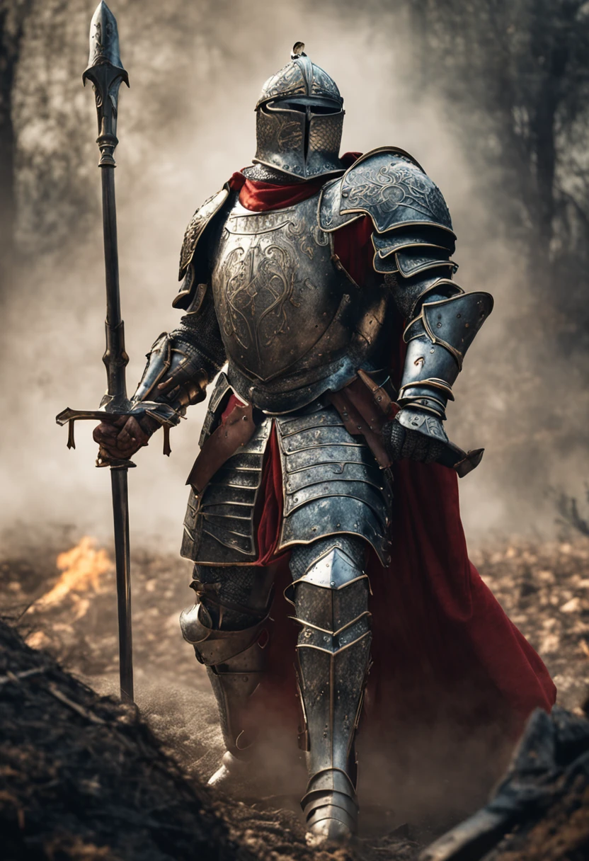 An imposing knight dressed in heavy armor stands on the battlefield, empunhando um enorme machado de batalha. His armor glows with metallic sheen, showing his strength and defensive ability. The intricate details of the armor add to its striking appearance. The background is full of smoke, criando uma atmosfera tensa e intensa de batalha. This high-quality image captures the essence of a heavily armored knight, perfect for projects that require a sense of power and determination.