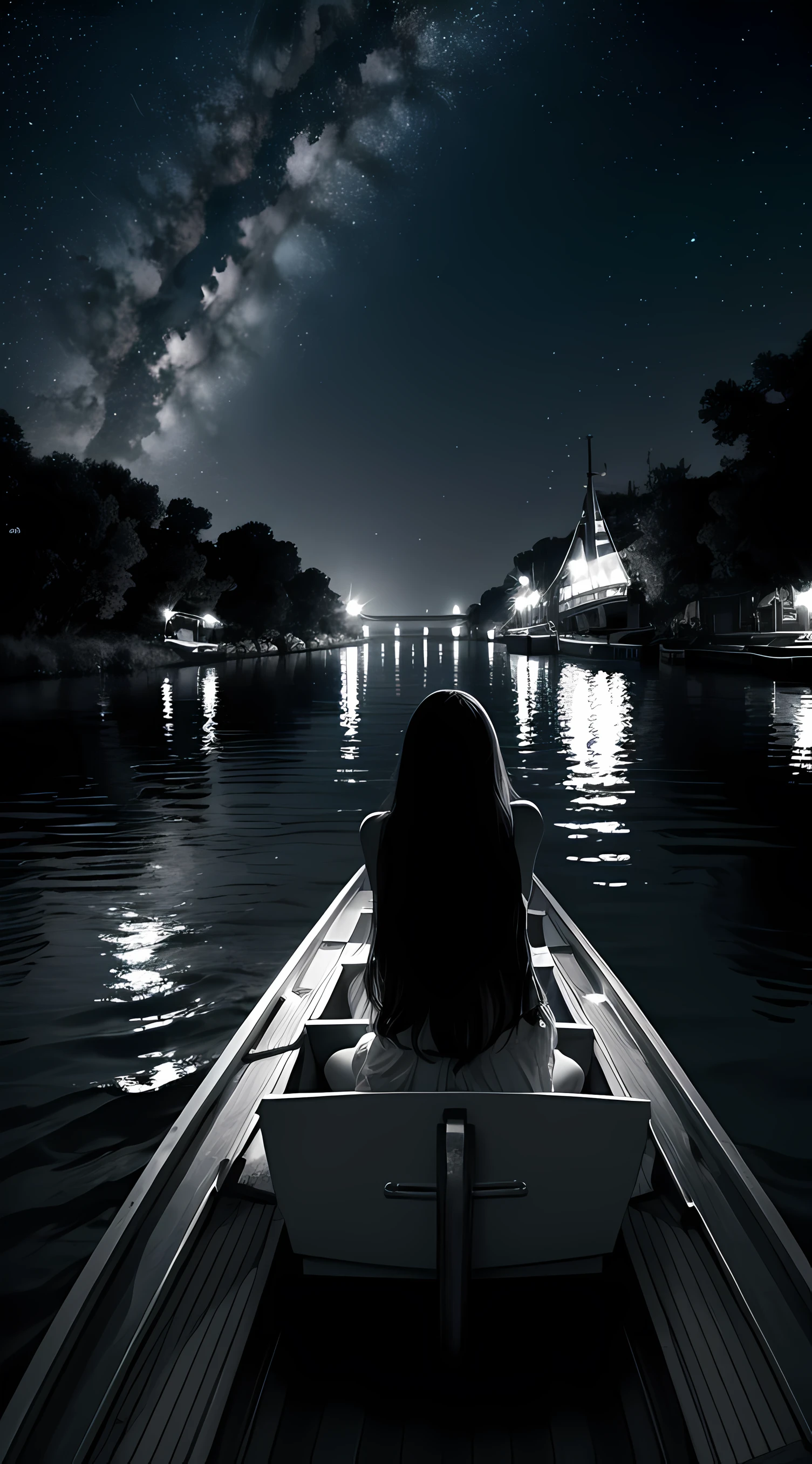 "1 girl, monochrome style, on a boat in a river, nocturnal atmosphere, starry sky"