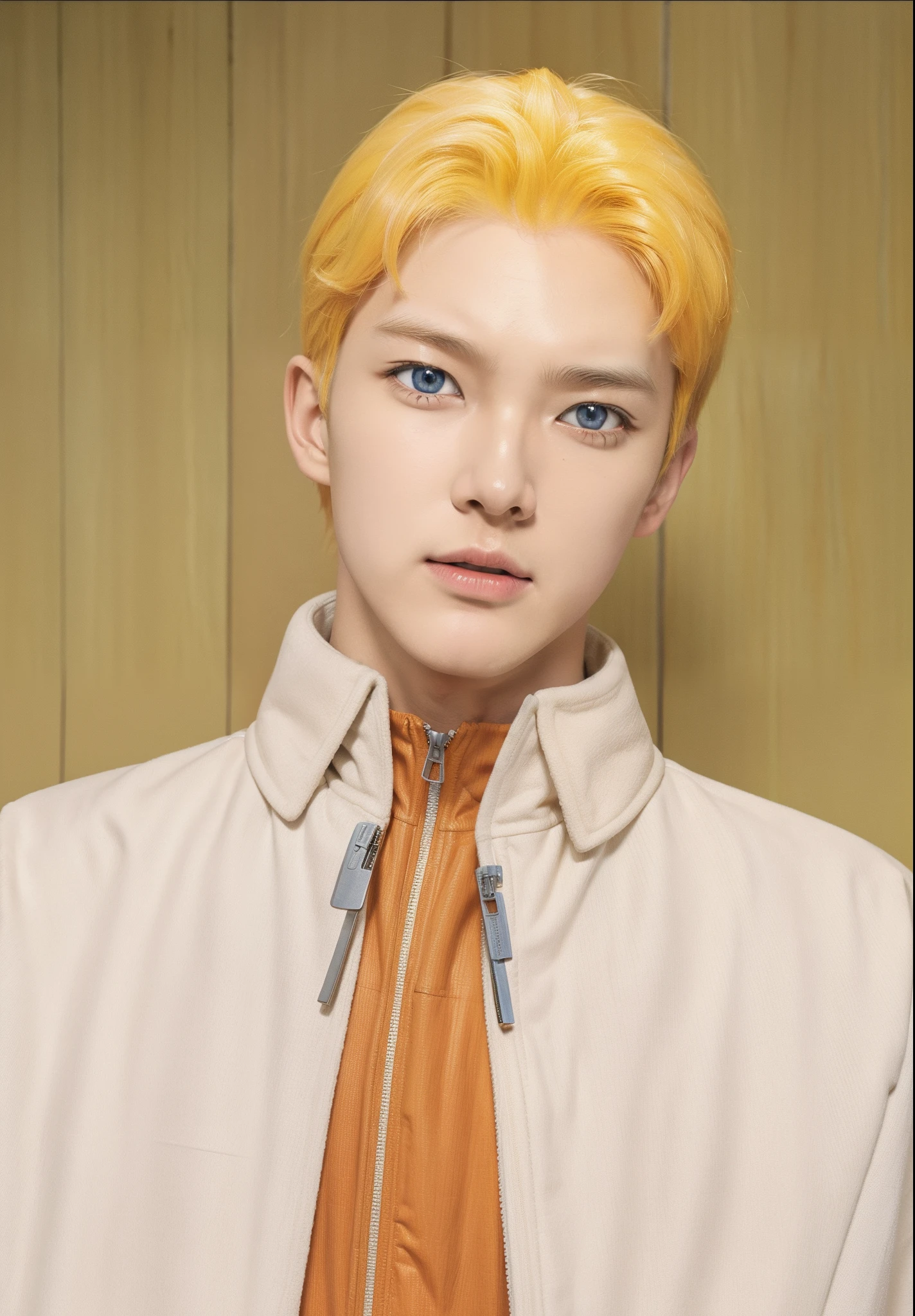 Real life adaption of this character,realistic detail same yellow Hair ,wearing realistic orange sport jacket with Zipper and wearing realistic white thin cloak with collar,((handsome Korean face)),hyper realistic,realism,realistic light,realistic shadow,(photorealistic:1.2),blue eyes