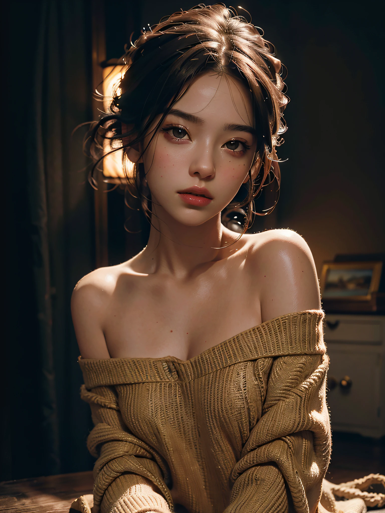 Best quality, masterpiece, ultra high res, (photorealistic:1.4), raw photo, 1girl, off shoulder, cinematic lighting