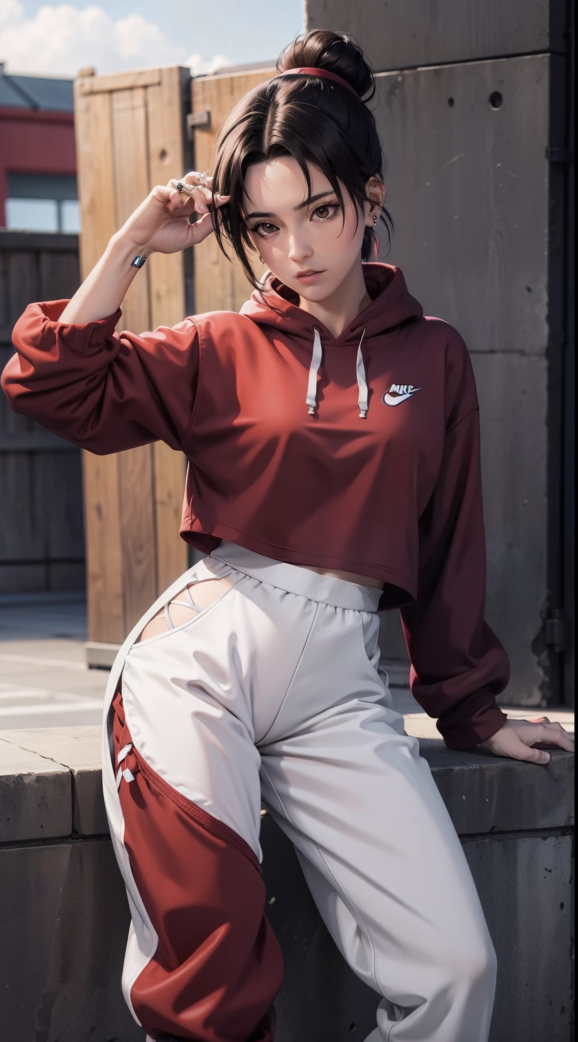 tenten from anime naruto, brown hair, ponytail, wearing mascara, perfect body, perfect breasts, beautiful woman, very beautiful, wearing black Nike hoodie, white jogger pants, wearing watch, wearing earrings, wearing white nike shoes, being in football field, Realism, masterpiece, textured skin, super detail, high detail, high quality, best quality, 1080P, HD, 16k