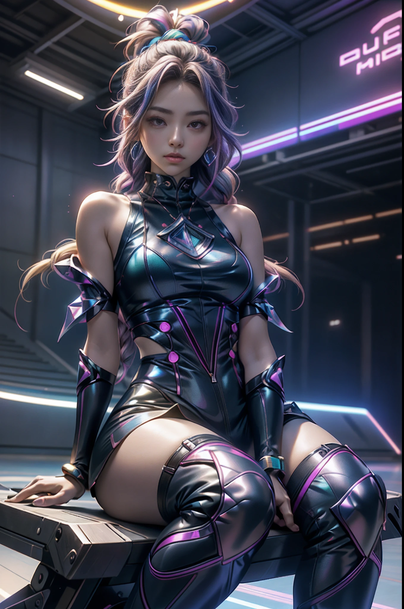 1girl, kai'sa, League of Legends, Kasha, KDA, purple wings, deep purple hair, purple eyes, serious expression, intense glare, looking at the audience, from behind, (dynamic pose), (void wings), weapons, masterpieces,