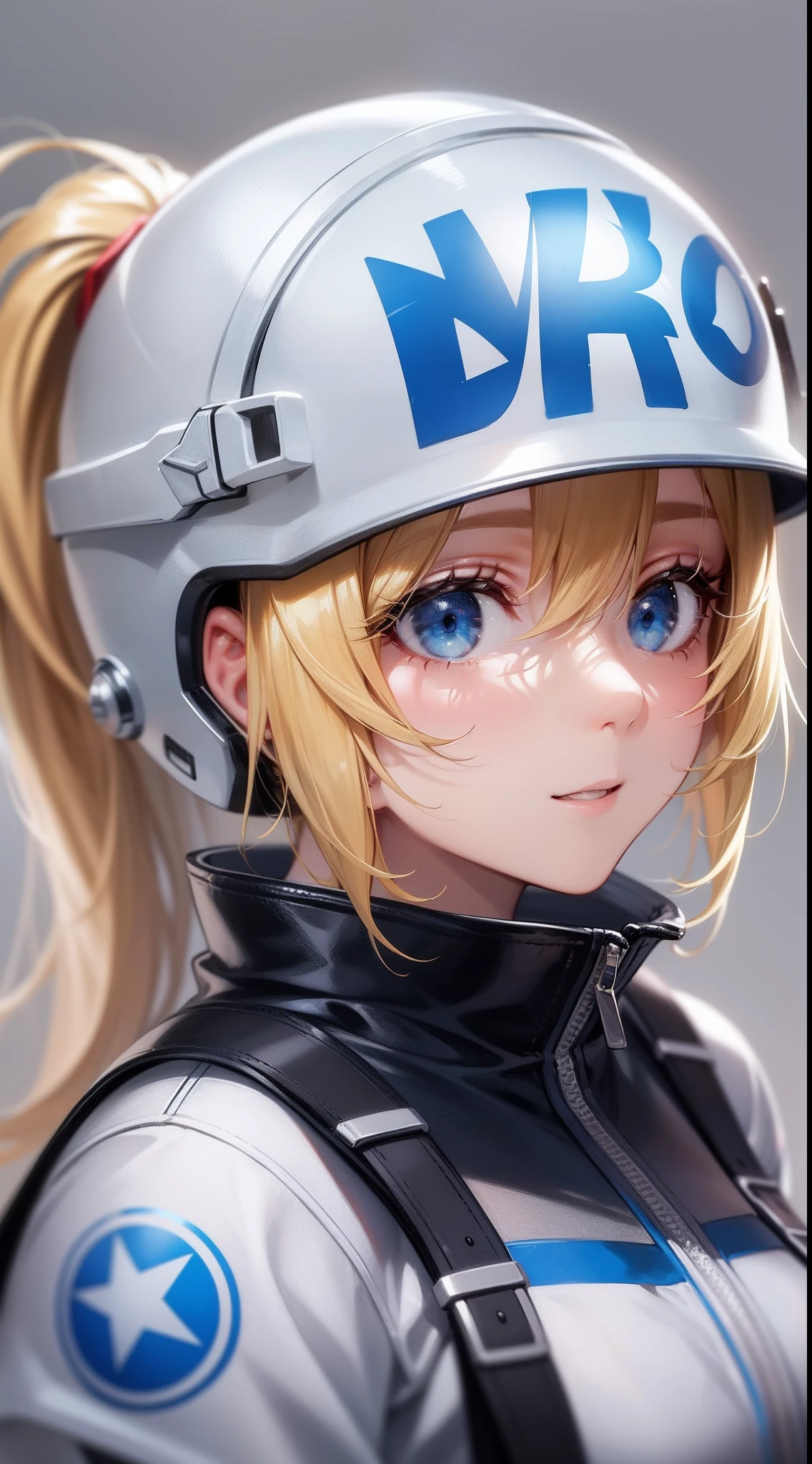 Blonde single ponytail,eBlue eyes,white helmet,There is a blue star on the helmet,Red shoes,Blue and white color matching clothes,best qualtiy,4k画质,Highest image quality